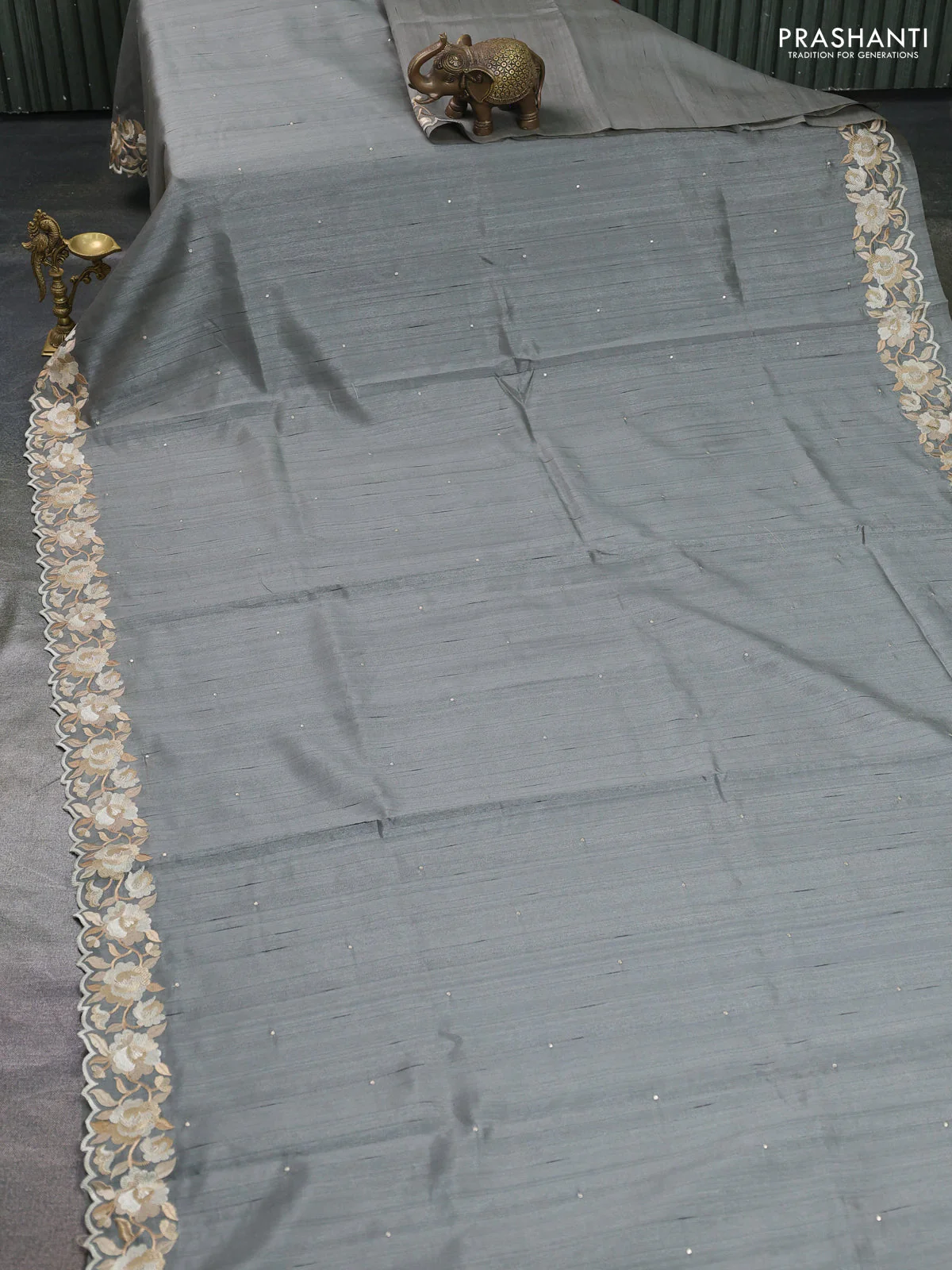 Art tussar saree grey with embroidery work and floral embroidery border - Image 2