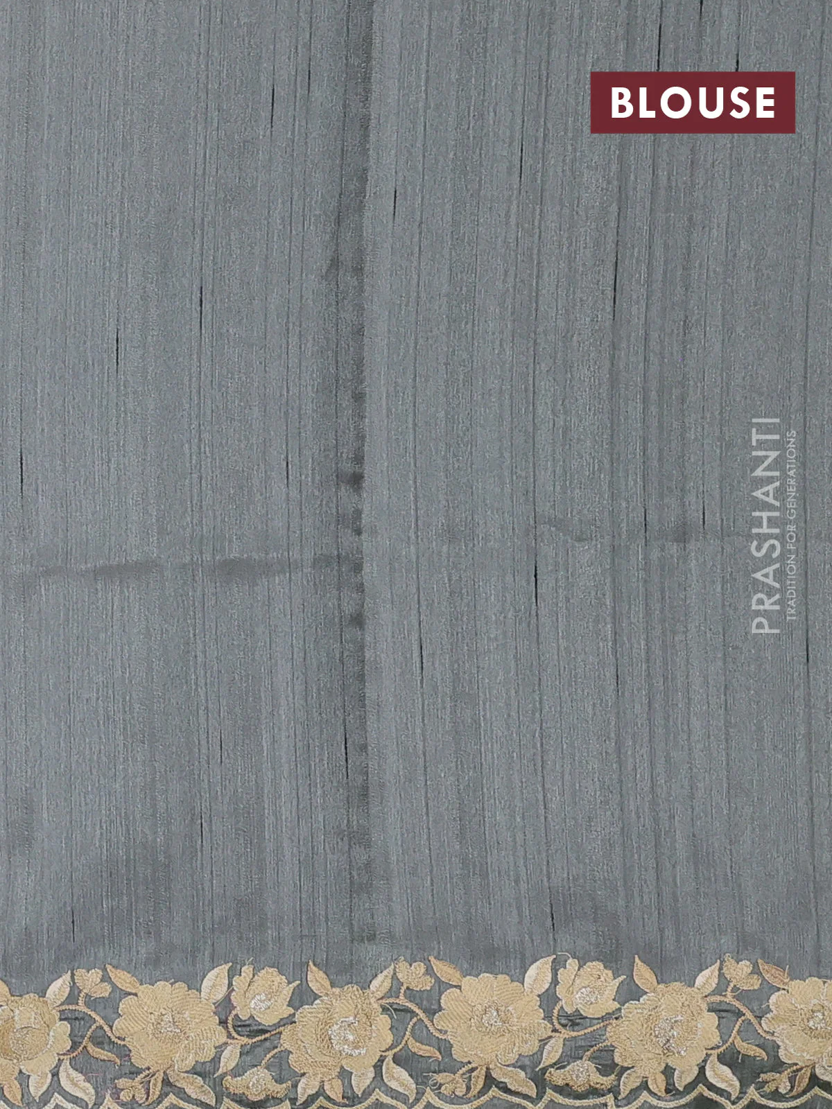Art tussar saree grey with embroidery work and floral embroidery border - Image 3