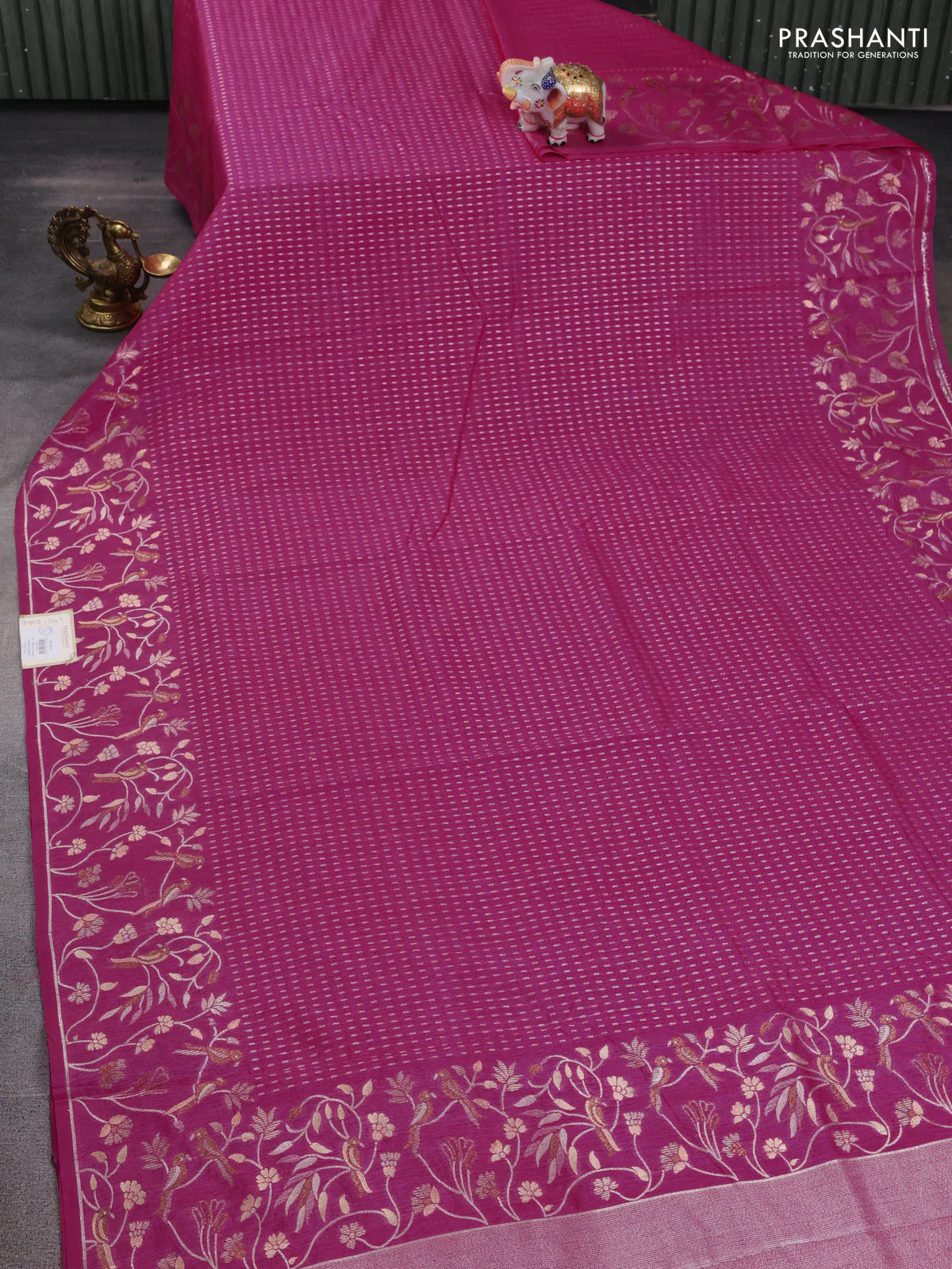 Art tussar saree light pink with allover zari woven butta weaves and jamdhani style border - Image 2