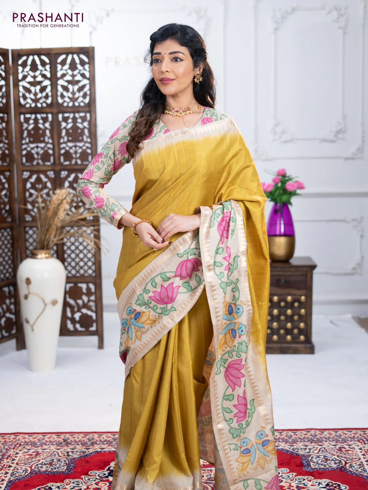 Art tussar saree lime green and beige with plain body and tanjore printed border - Image 2
