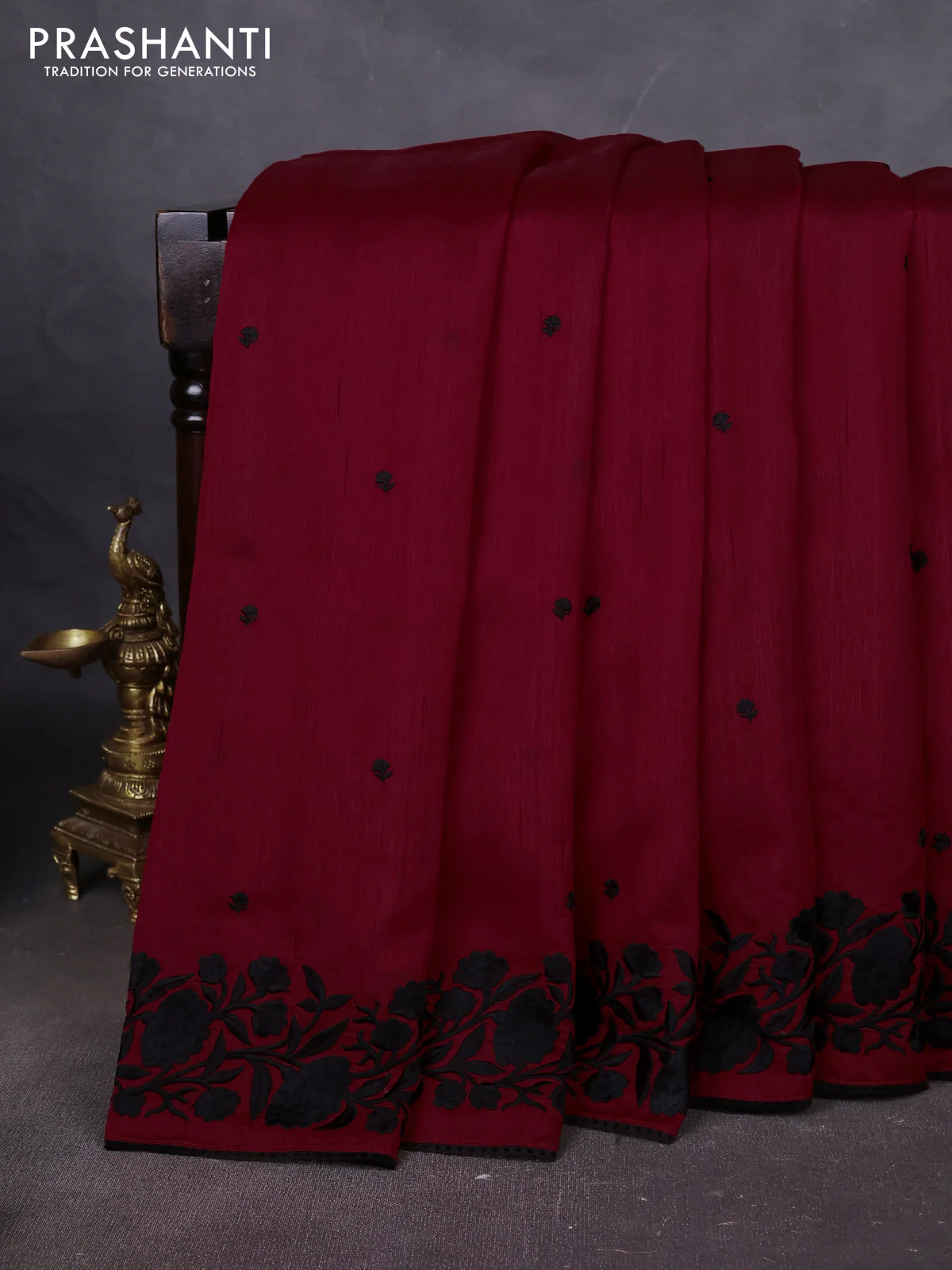 Art tussar saree maroon and black with embroidery work and floral embroidery border