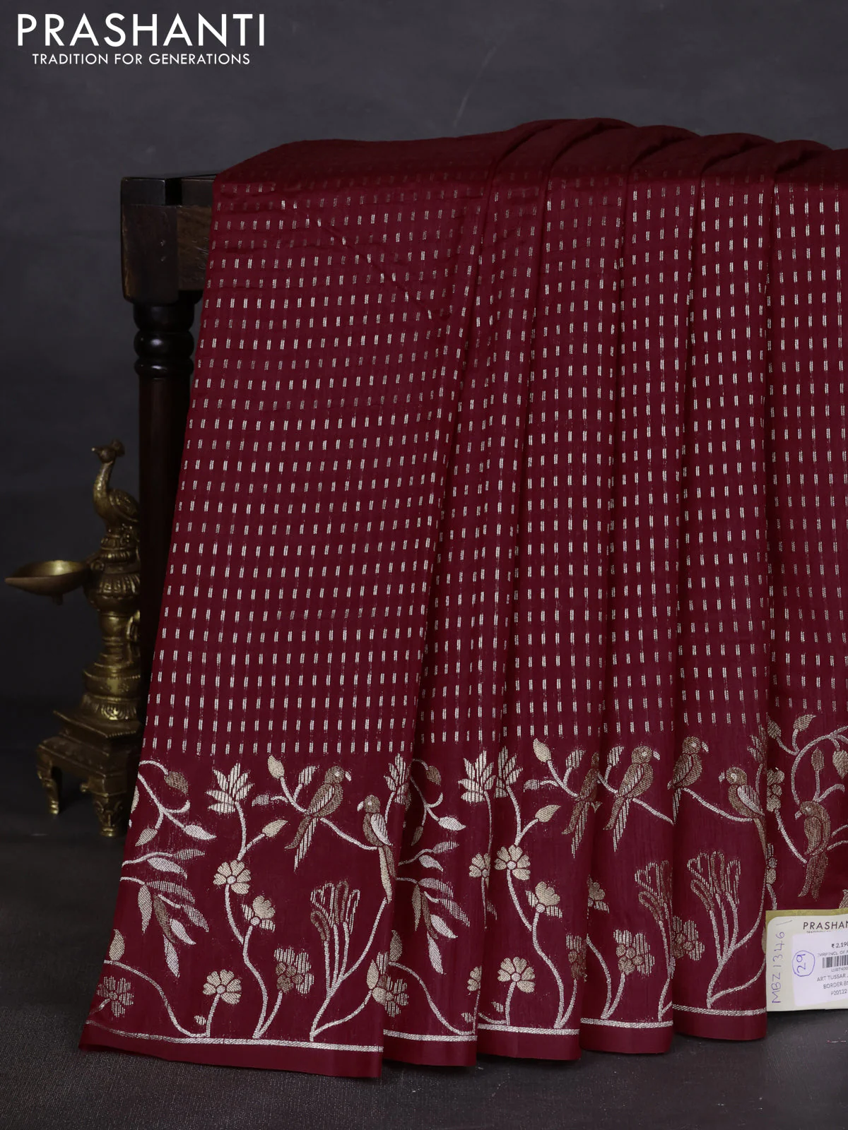 Art tussar saree maroon with allover zari woven butta weaves and jamdhani style border
