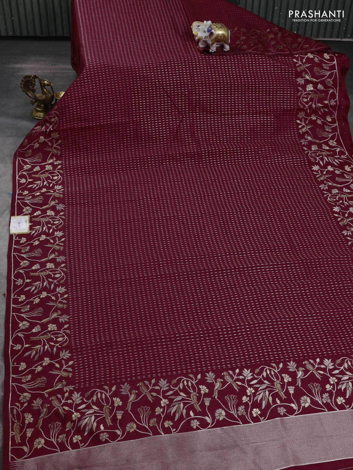 Art tussar saree maroon with allover zari woven butta weaves and jamdhani style border - Image 2