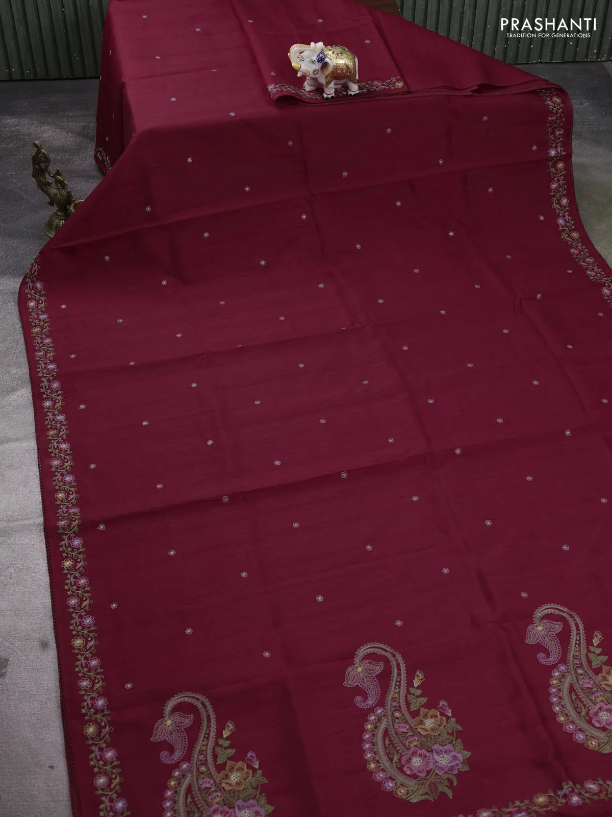 Art tussar saree maroon with embroidery work and floral embroidery border - Image 2