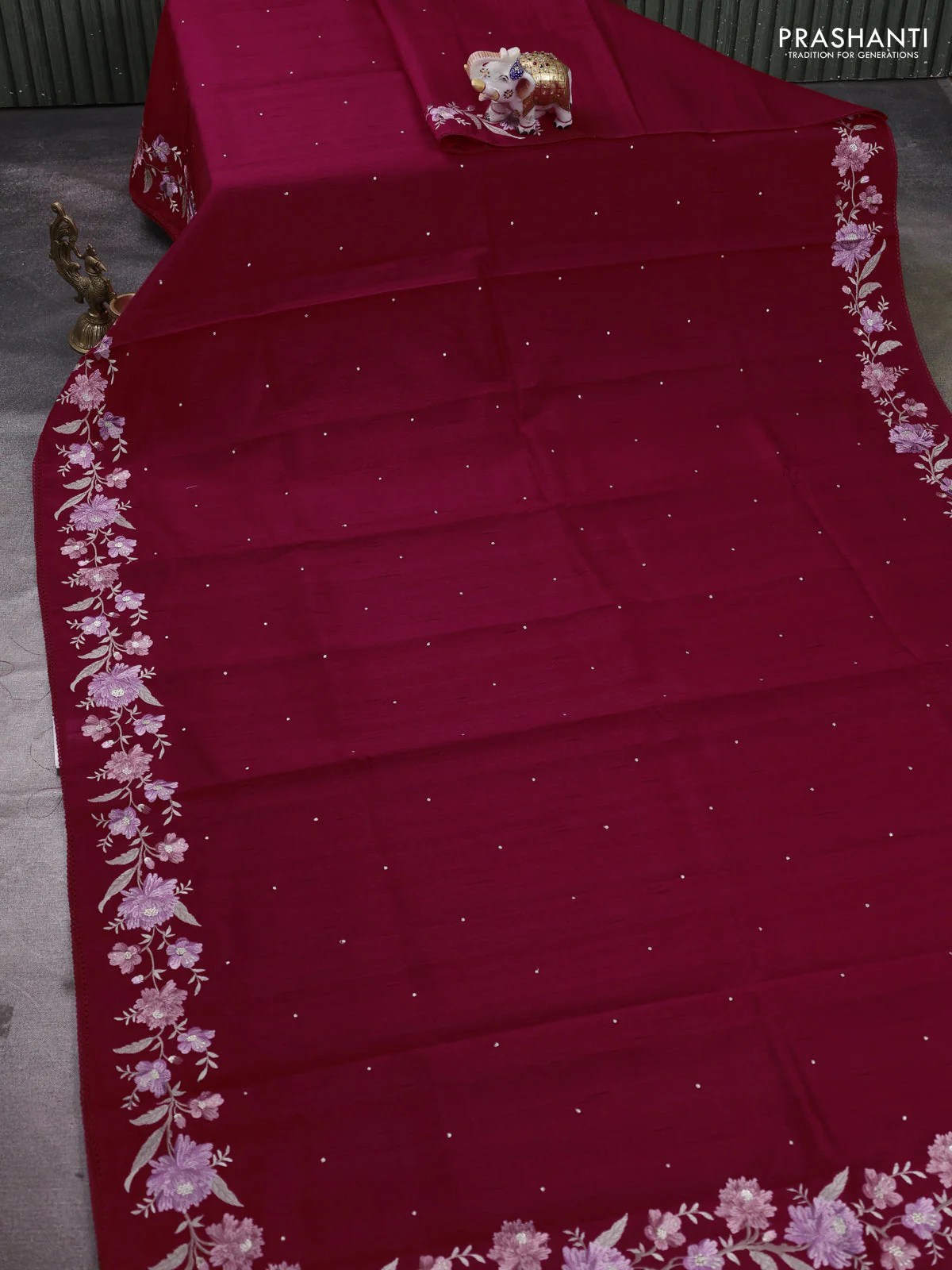 Art tussar saree maroon with embroidery work and floral embroidery border - Image 2