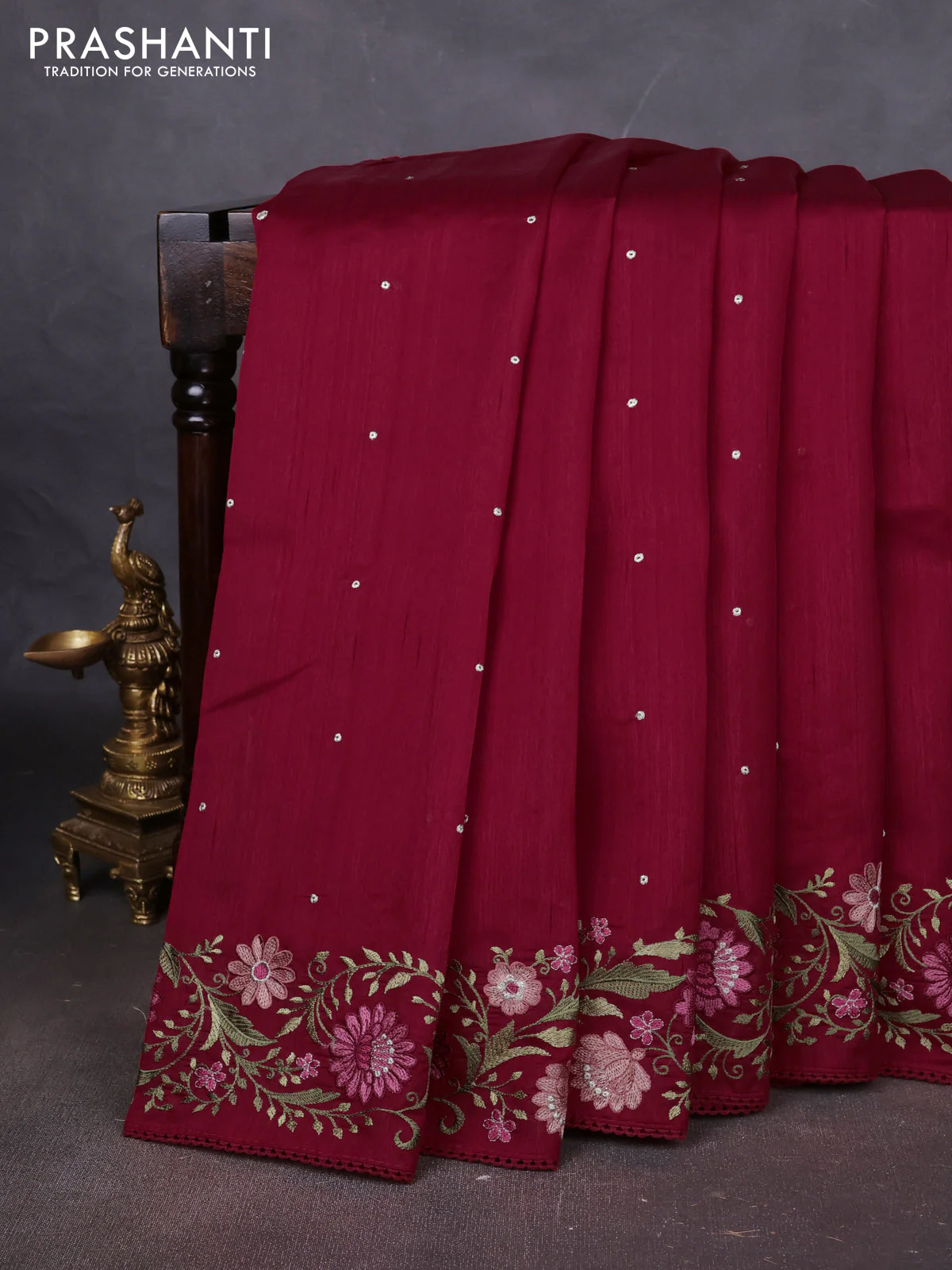 Art tussar saree maroon with embroidery work and floral embroidery border