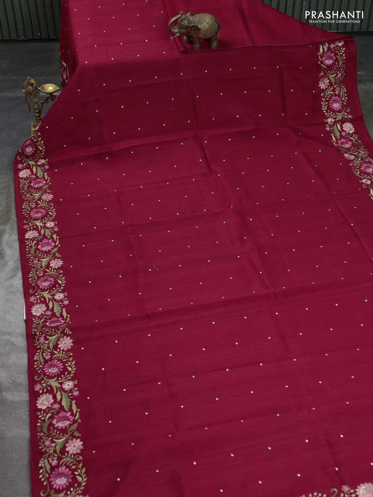 Art tussar saree maroon with embroidery work and floral embroidery border - Image 2