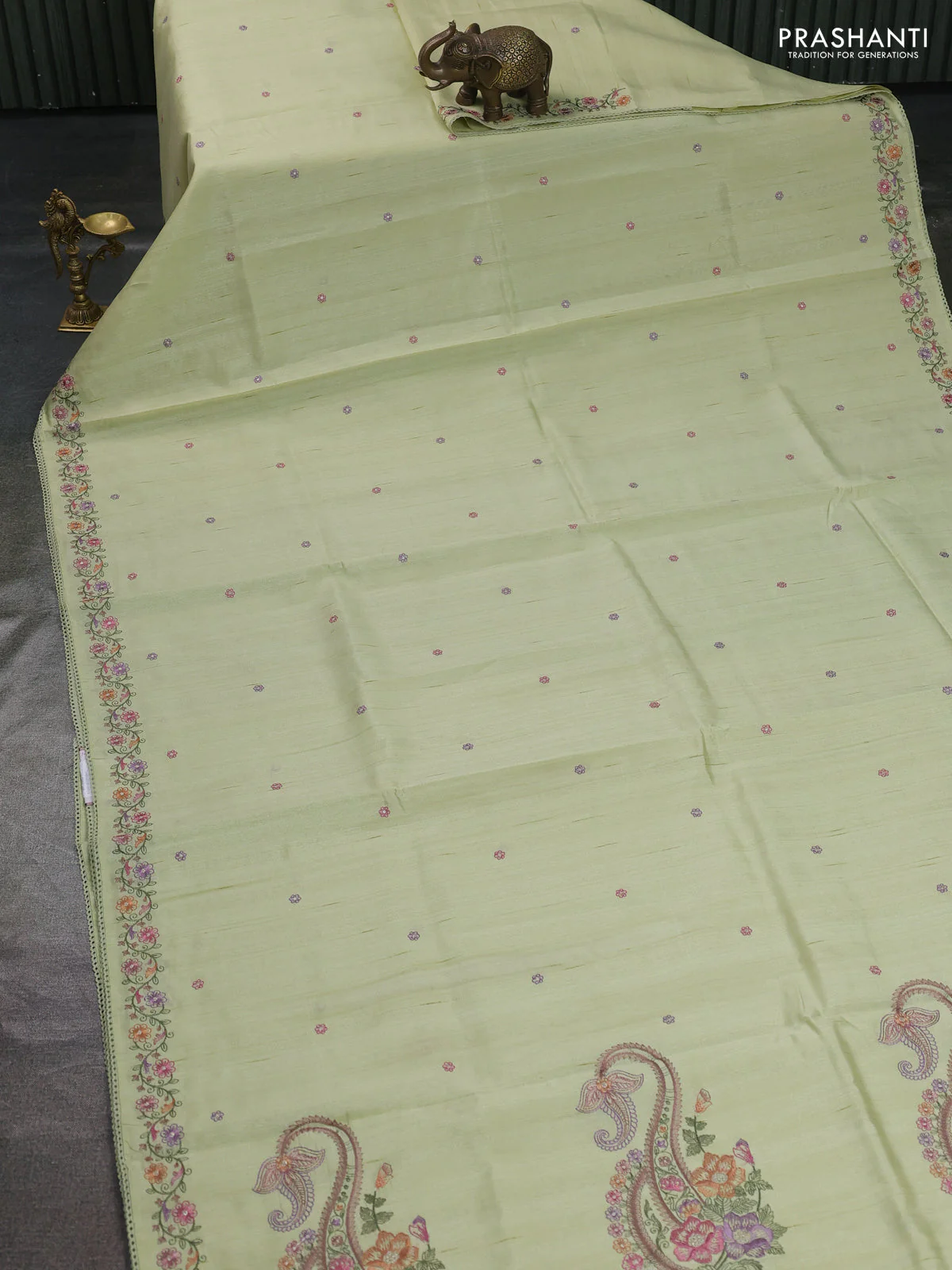 Art tussar saree mild pista green with embroidery work and floral embroidery border - Image 2