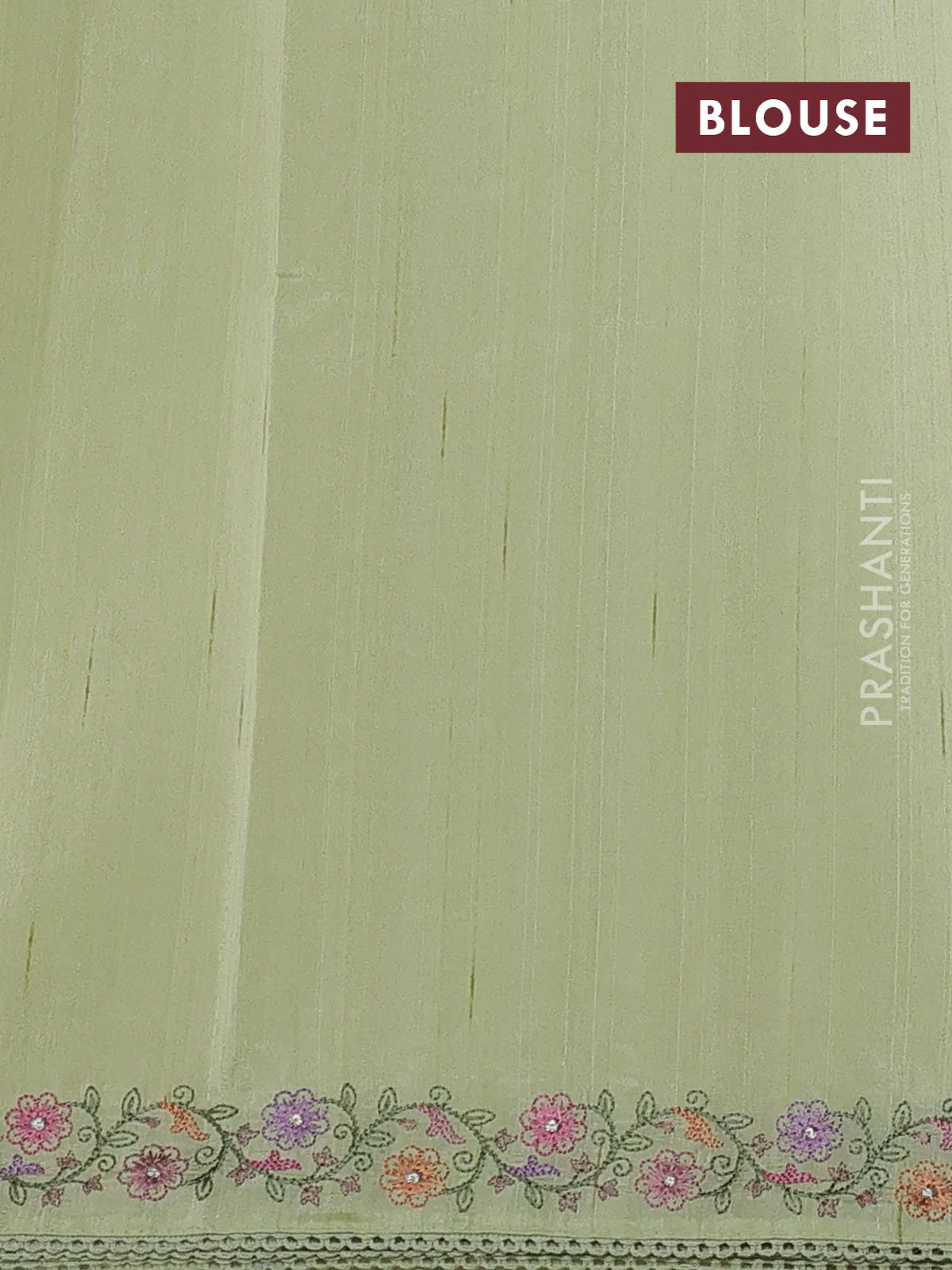 Art tussar saree mild pista green with embroidery work and floral embroidery border - Image 3