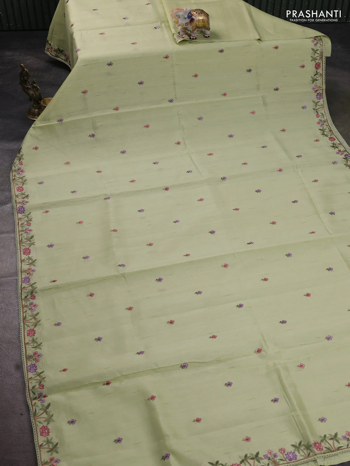 Art tussar saree mild pista green with embroidery work and floral embroidery border - Image 2