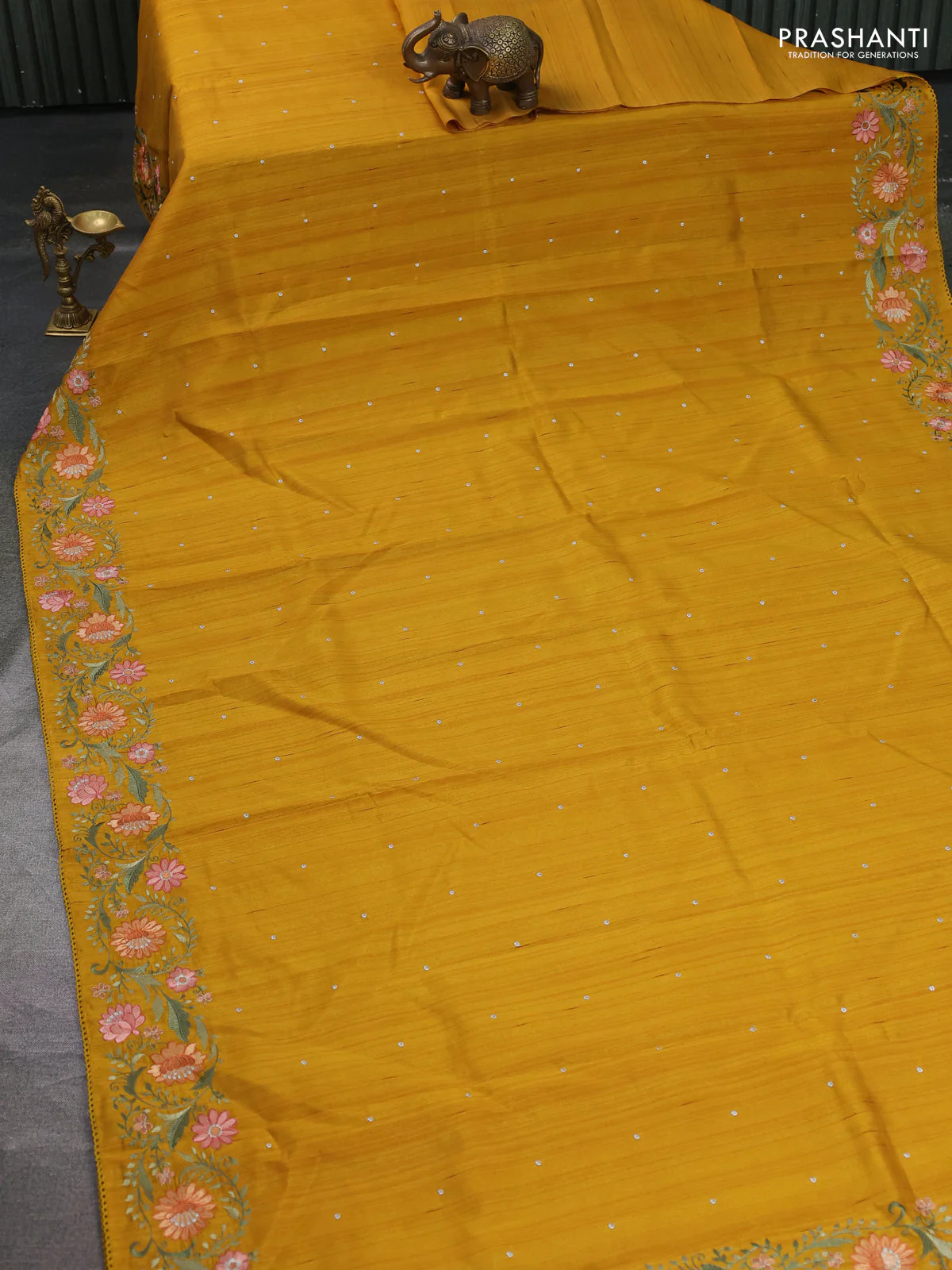 Art tussar saree mustard yellow with embroidery work and floral embroidery border - Image 2