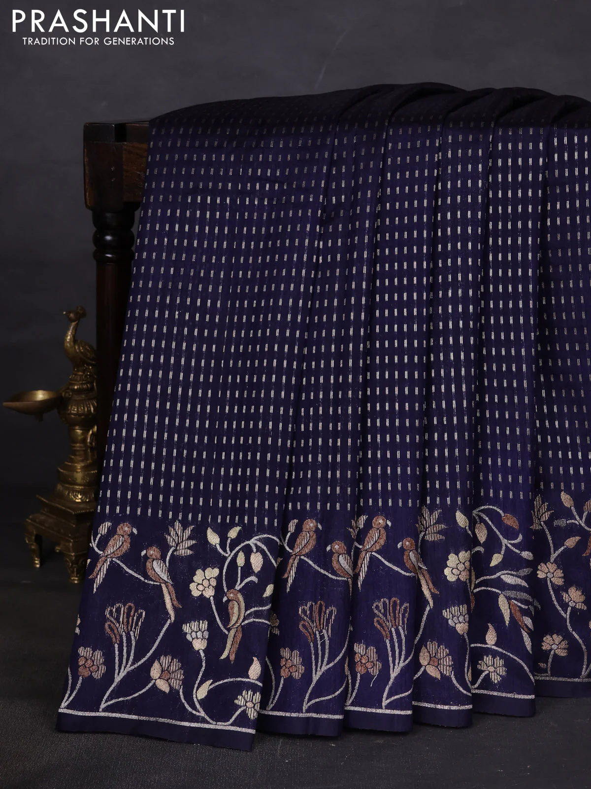 Art tussar saree navy blue with allover zari woven butta weaves and jamdhani style border