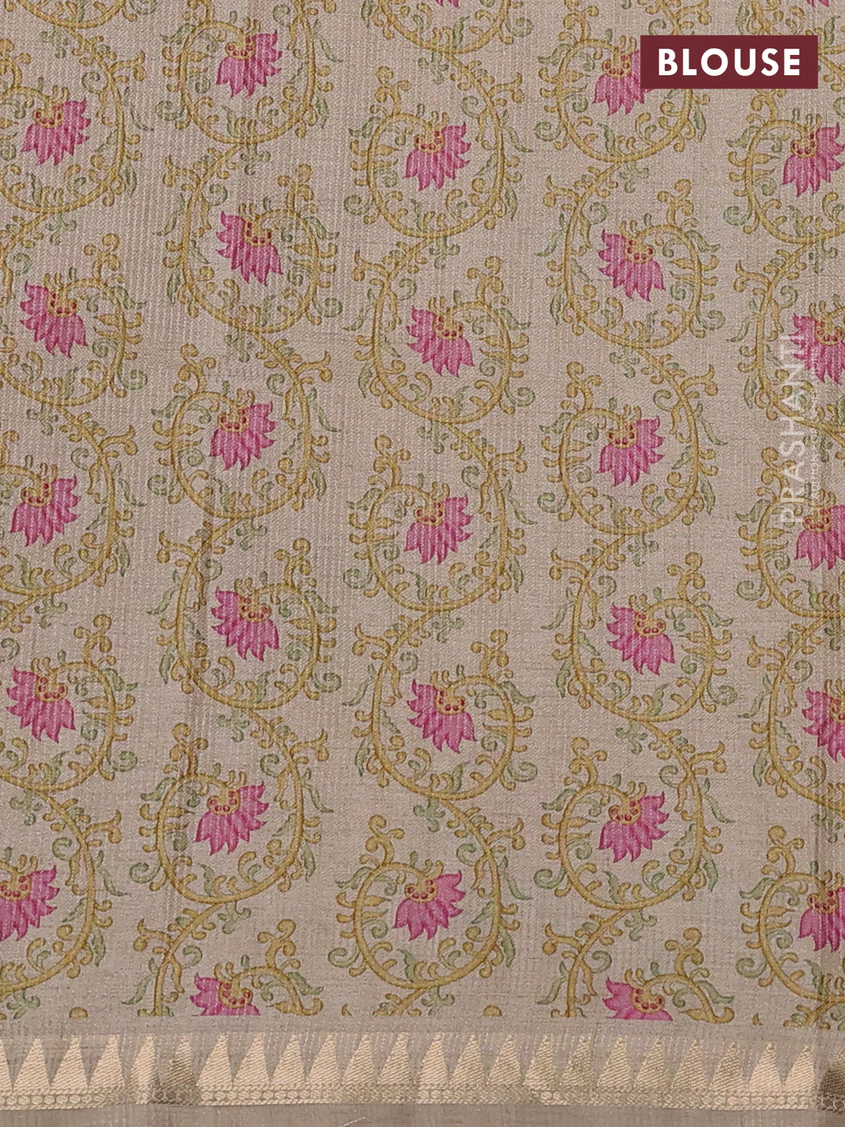 Art tussar saree pale yellow and beige with plain body and tanjore printed border - Image 3