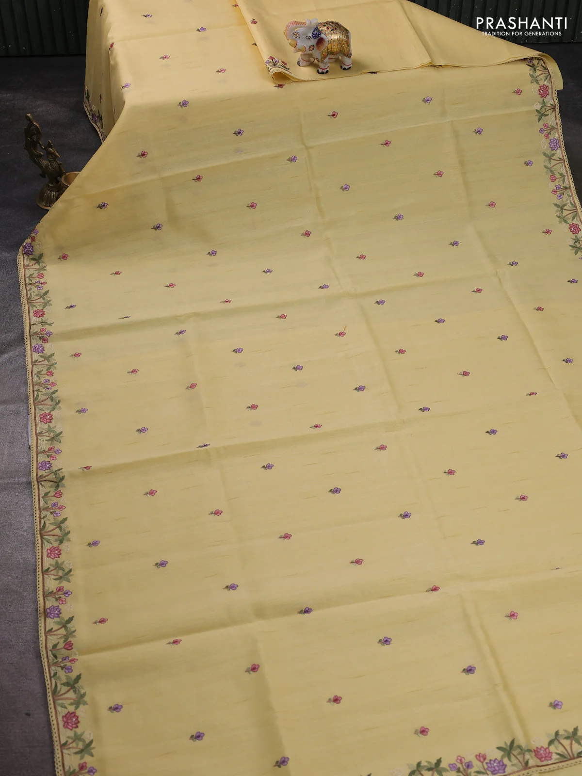 Art tussar saree pale yellow with embroidery work and floral embroidery border - Image 2