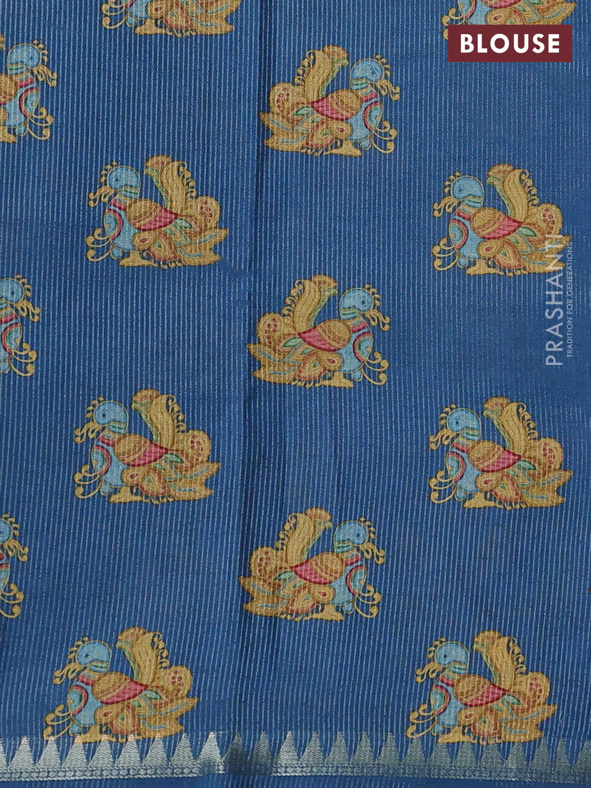 Art tussar saree pastel blue and peacock blue with plain body and tanjore printed border - Image 3