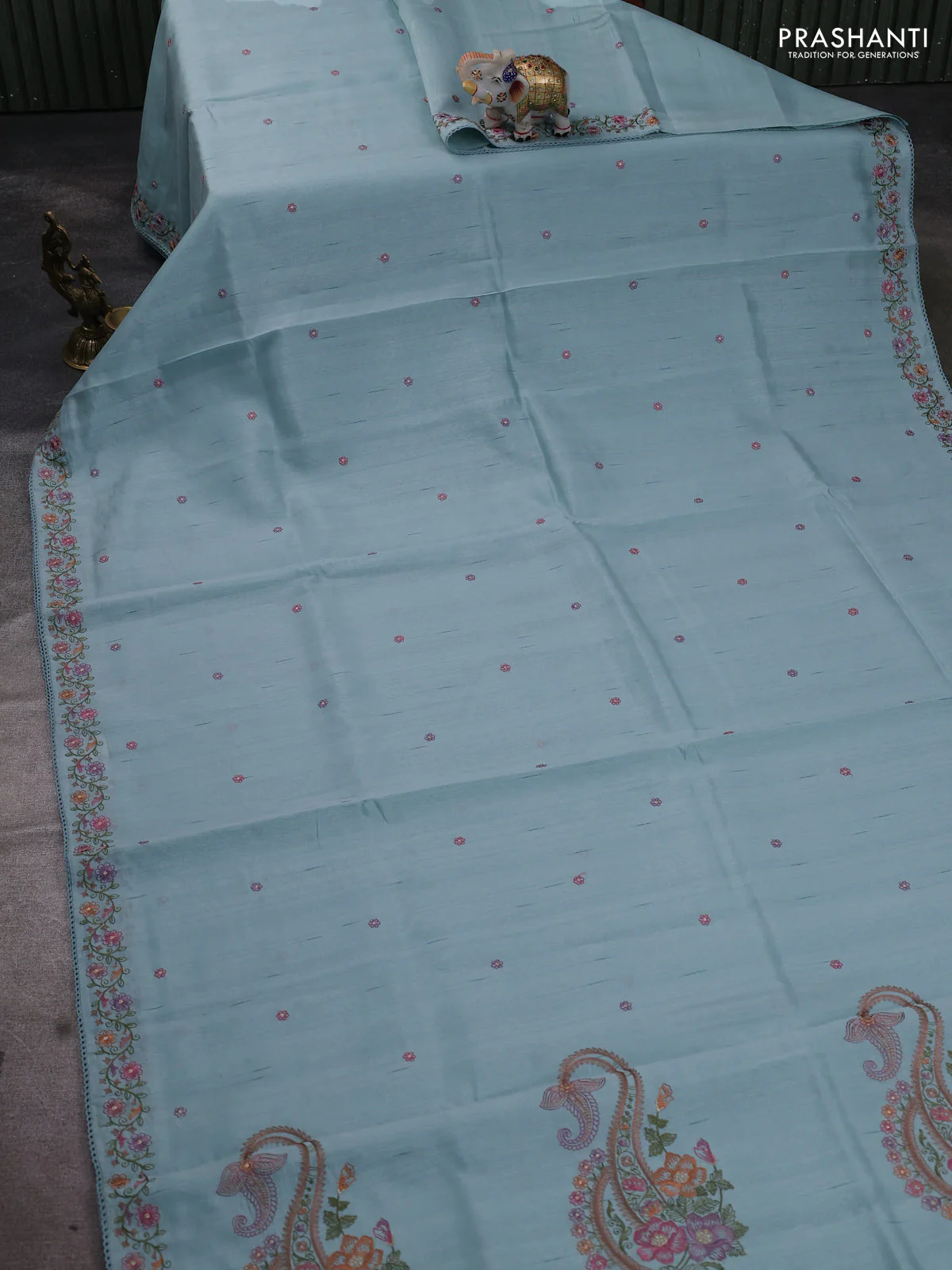 Art tussar saree pastel blue with embroidery work and floral embroidery border - Image 2