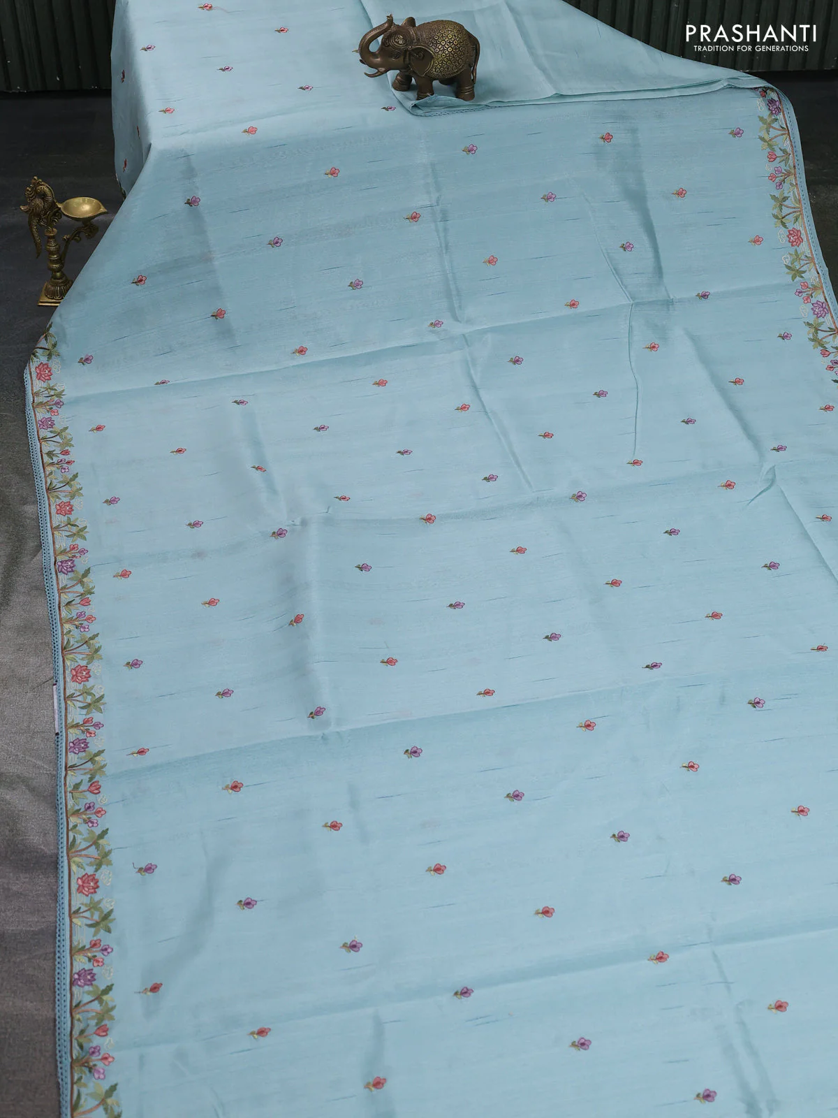 Art tussar saree pastel blue with embroidery work and floral embroidery border - Image 2