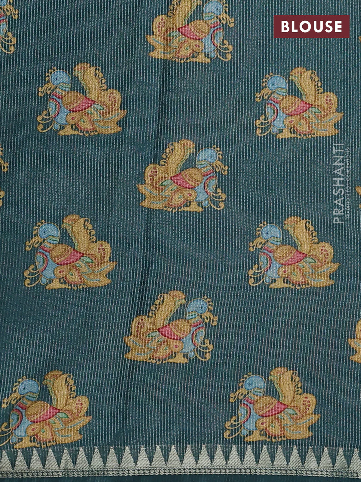 Art tussar saree pastel green and peacock green with plain body and tanjore printed border - Image 3