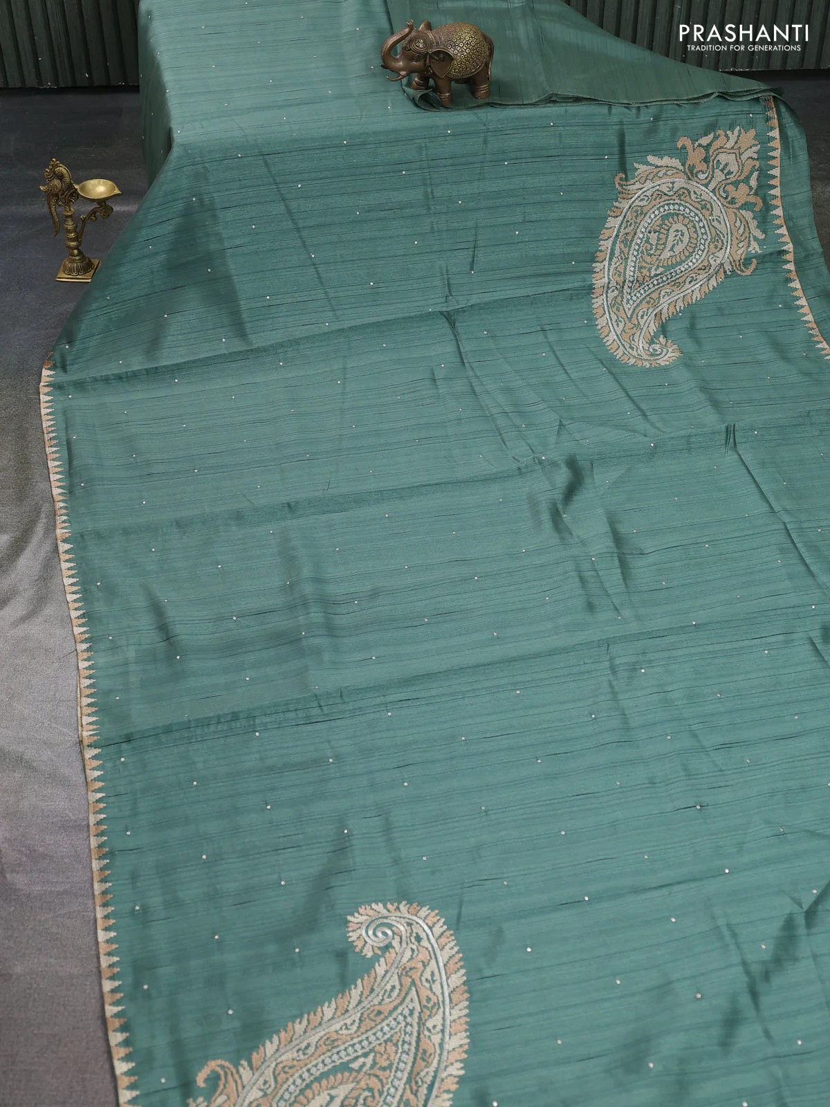 Art tussar saree pastel green with embroidery work and embroidery work border - Image 2