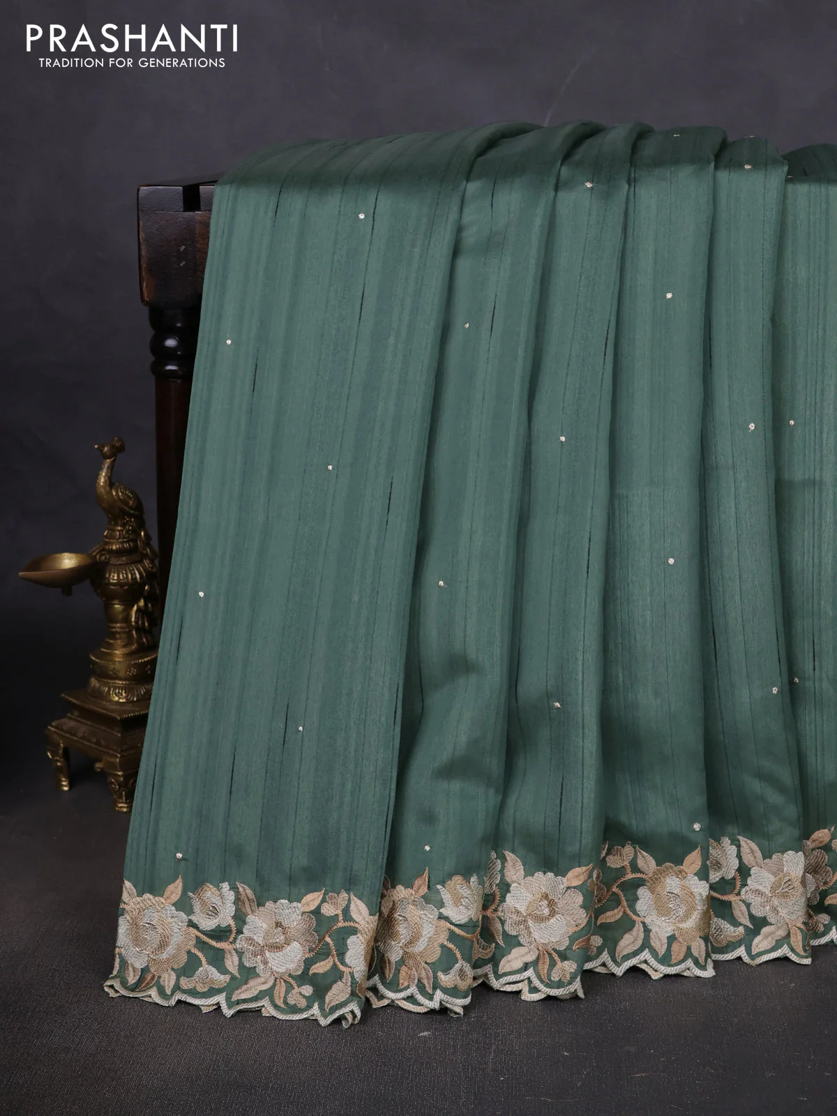 Art tussar saree pastel green with embroidery work and floral embroidery border