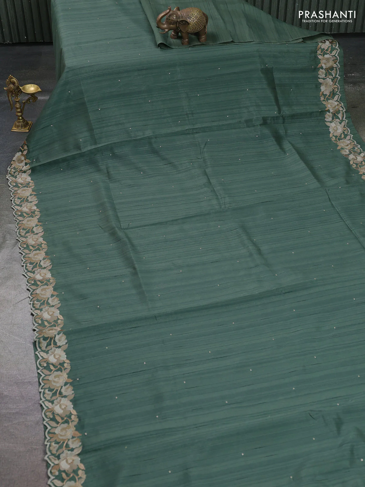 Art tussar saree pastel green with embroidery work and floral embroidery border - Image 2