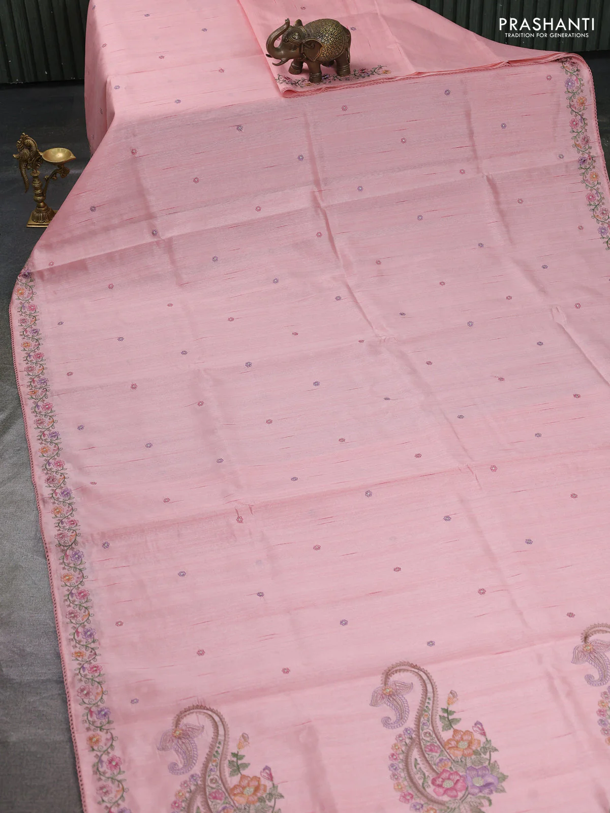 Art tussar saree pastel pink with embroidery work and floral embroidery border - Image 2