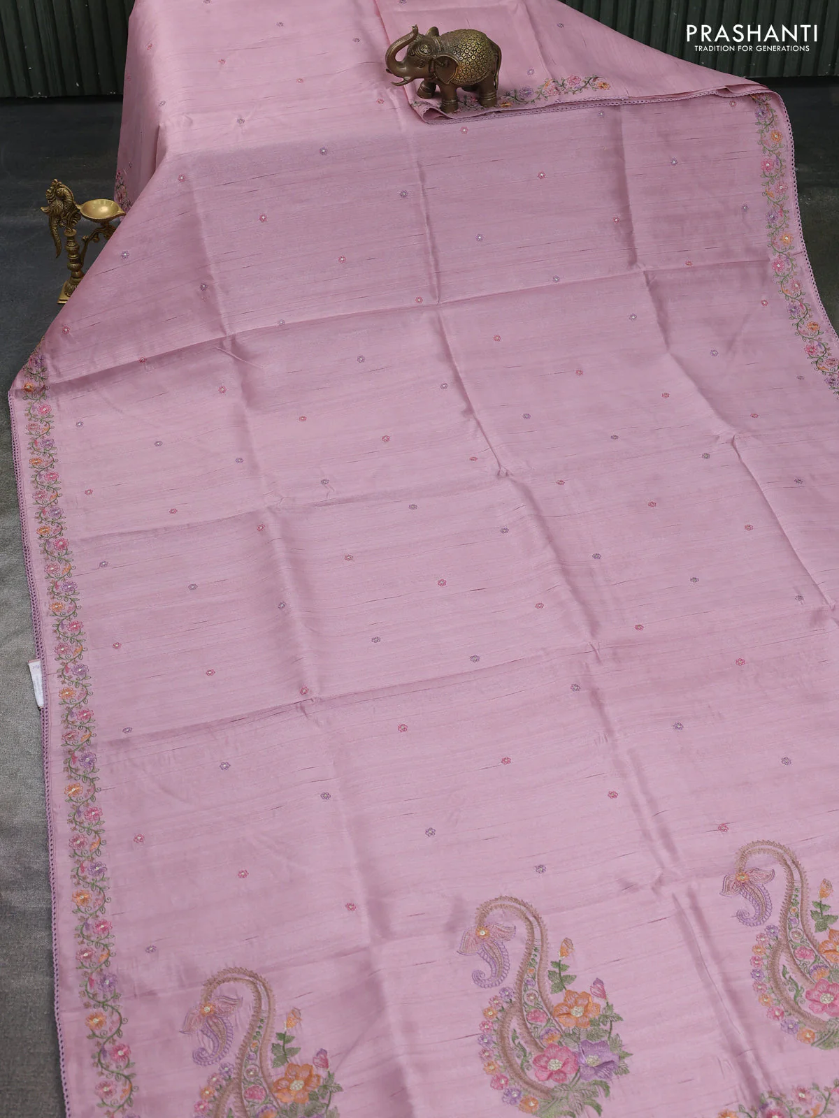 Art tussar saree pastel pink with embroidery work and floral embroidery border - Image 2