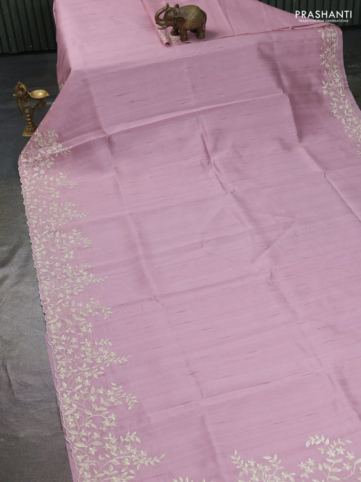 Art tussar saree pastel pink with plain body and floral embroidery border - Image 2