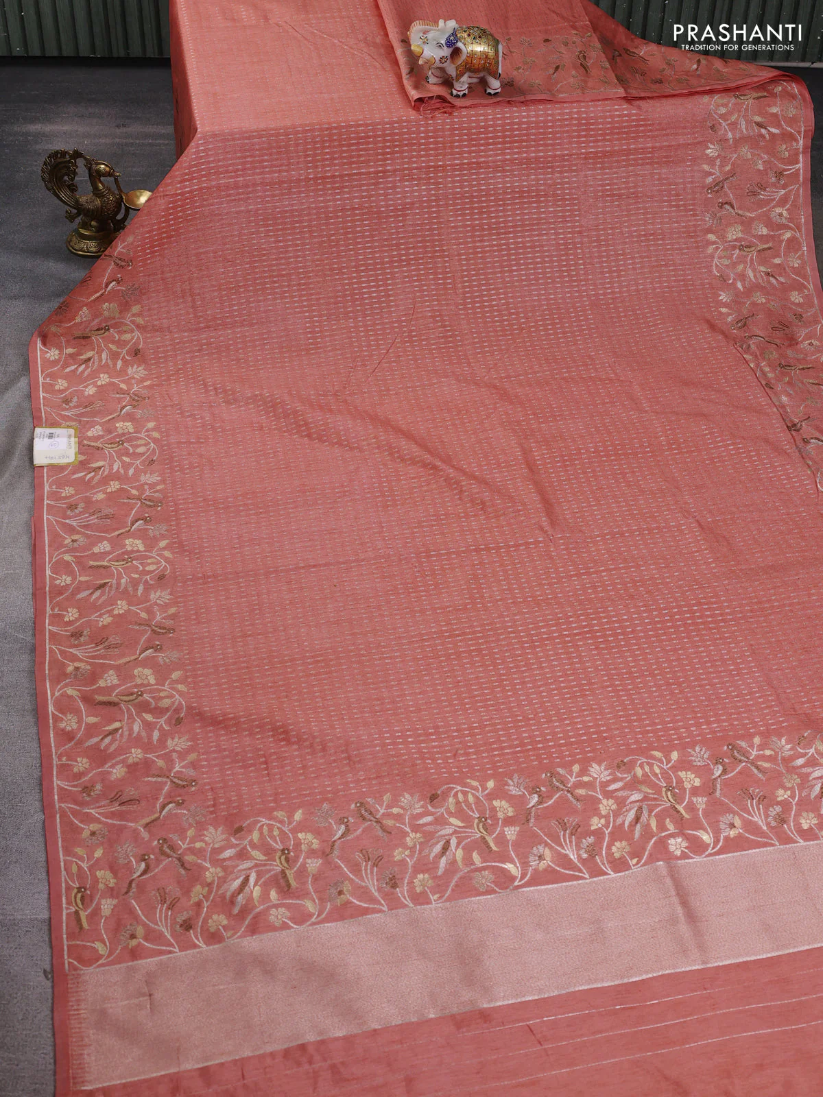 Art tussar saree peach orange with allover zari woven butta weaves and jamdhani style border - Image 2