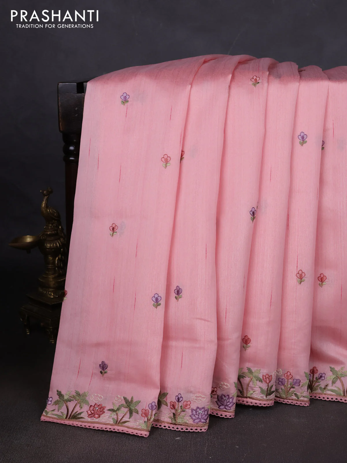 Art tussar saree peach pink with embroidery work and floral embroidery border