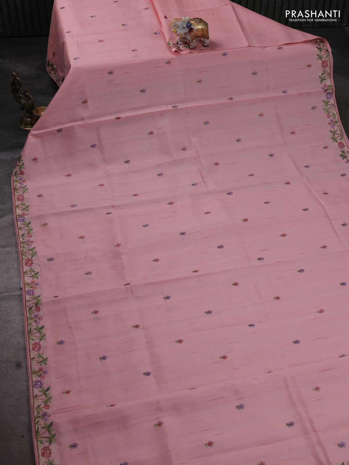 Art tussar saree peach pink with embroidery work and floral embroidery border - Image 2