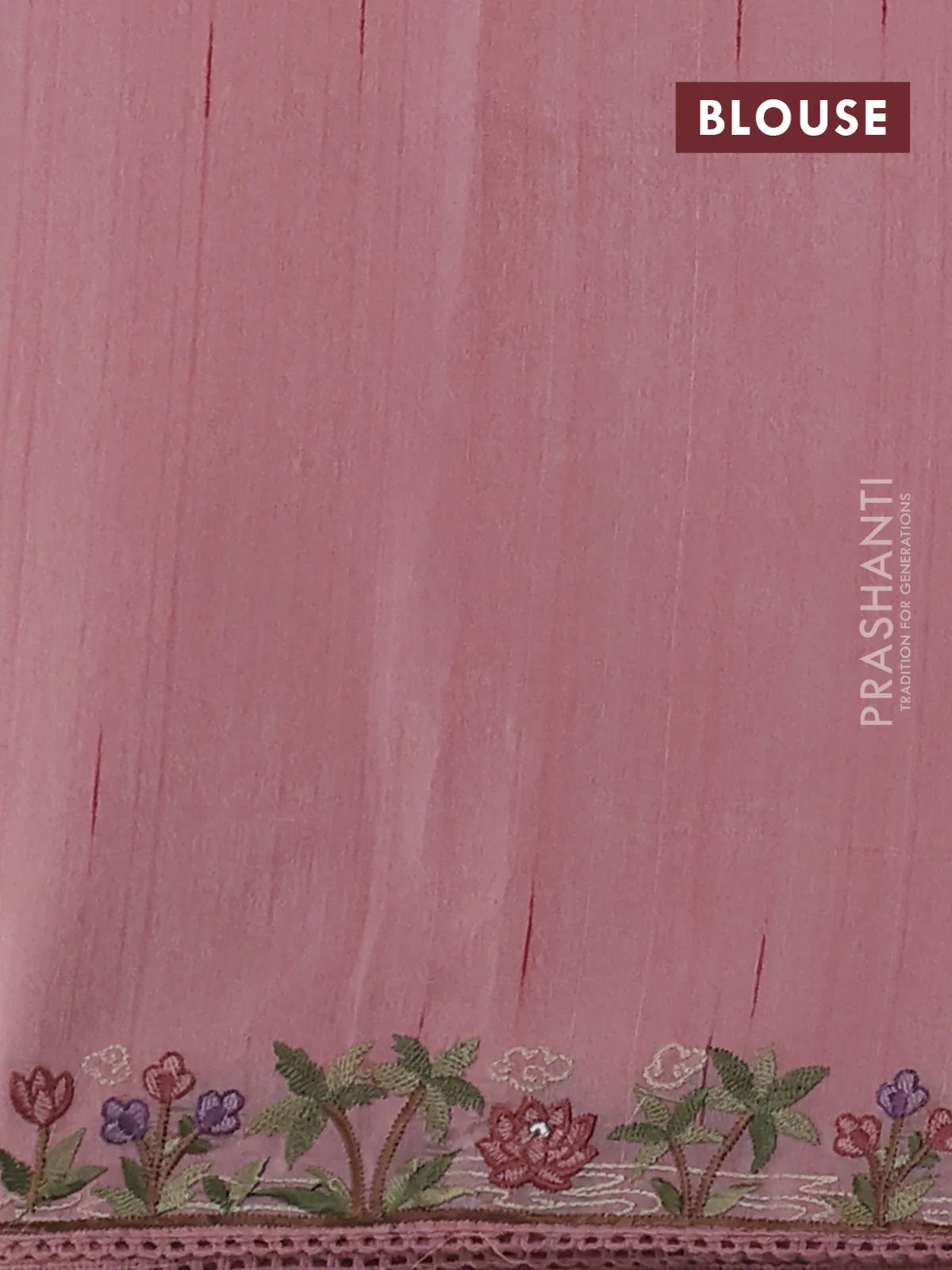 Art tussar saree peach pink with embroidery work and floral embroidery border - Image 3
