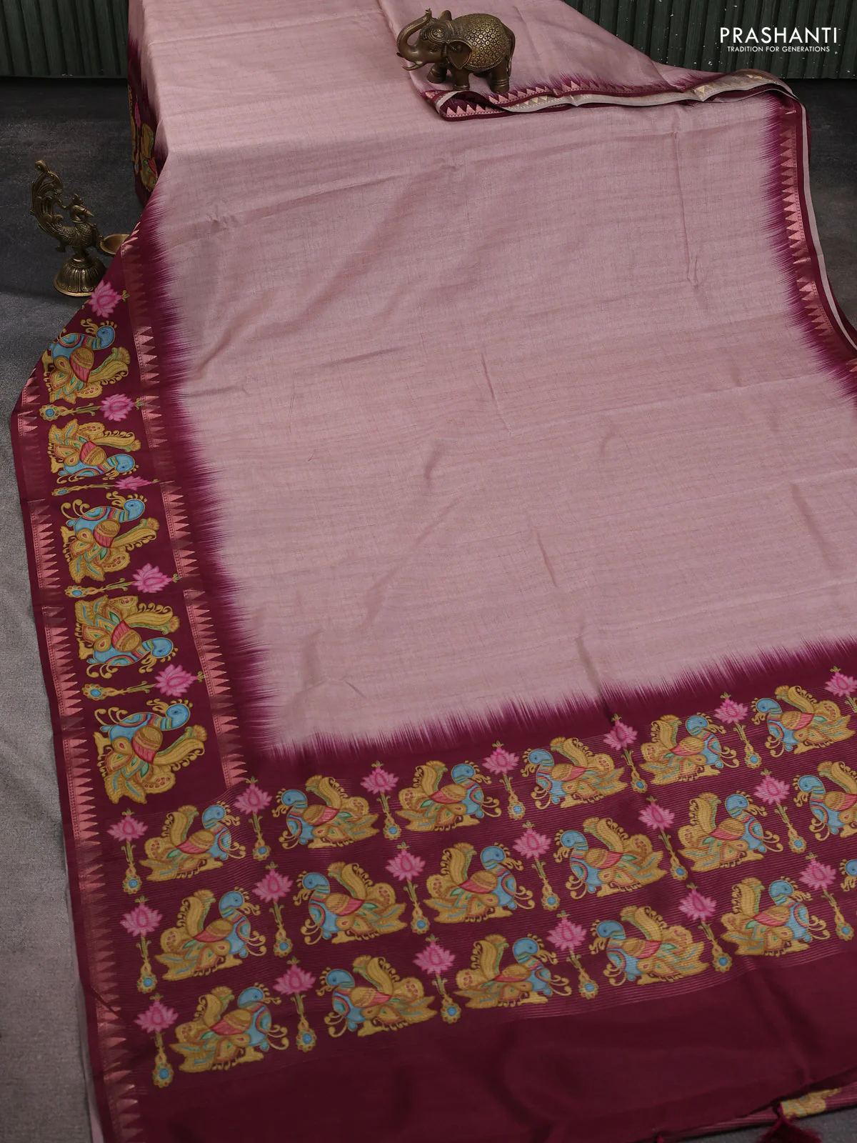 Art tussar saree peach shade and wine shade with plain body and tanjore printed border - Image 2