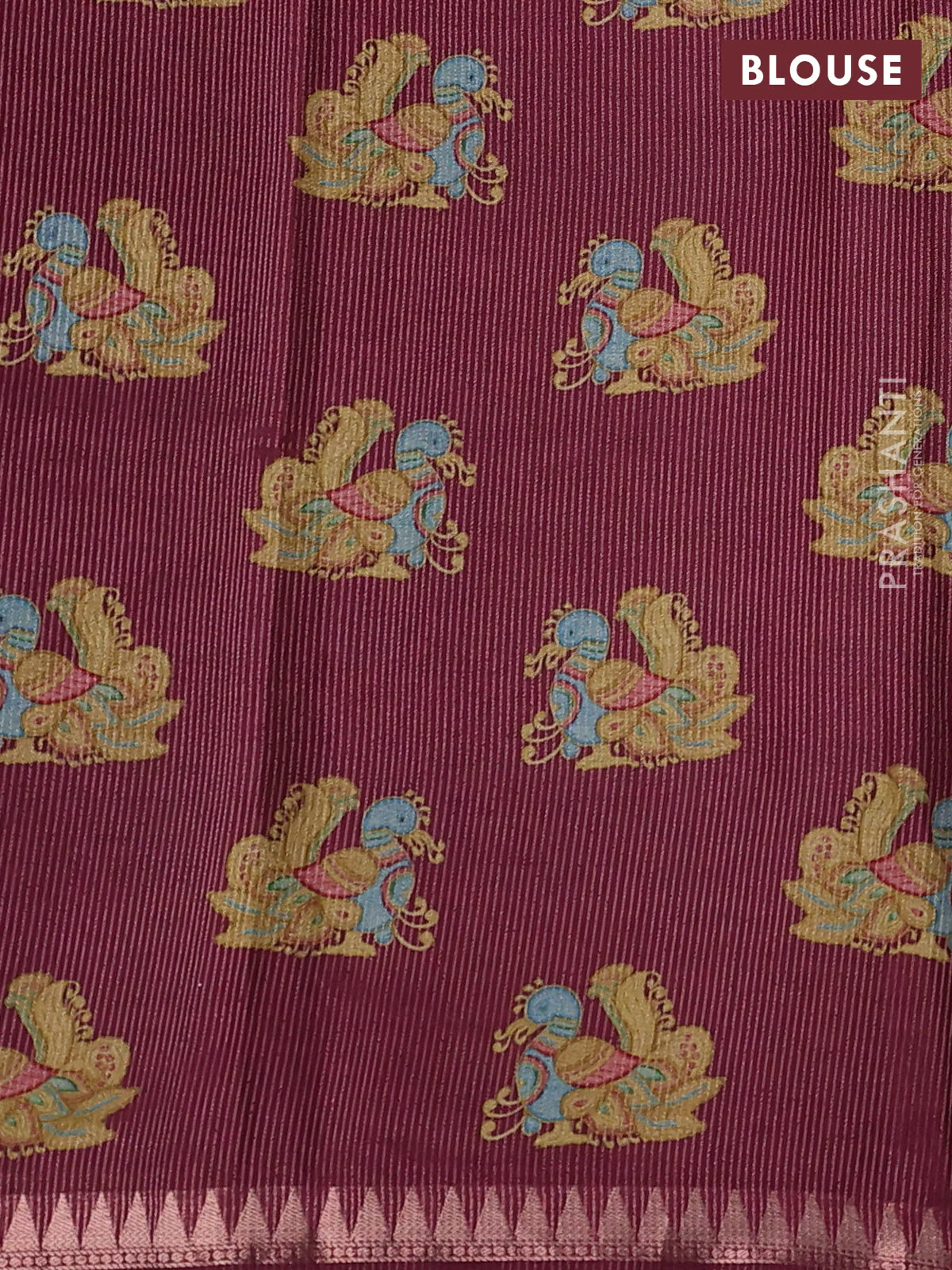 Art tussar saree peach shade and wine shade with plain body and tanjore printed border - Image 3