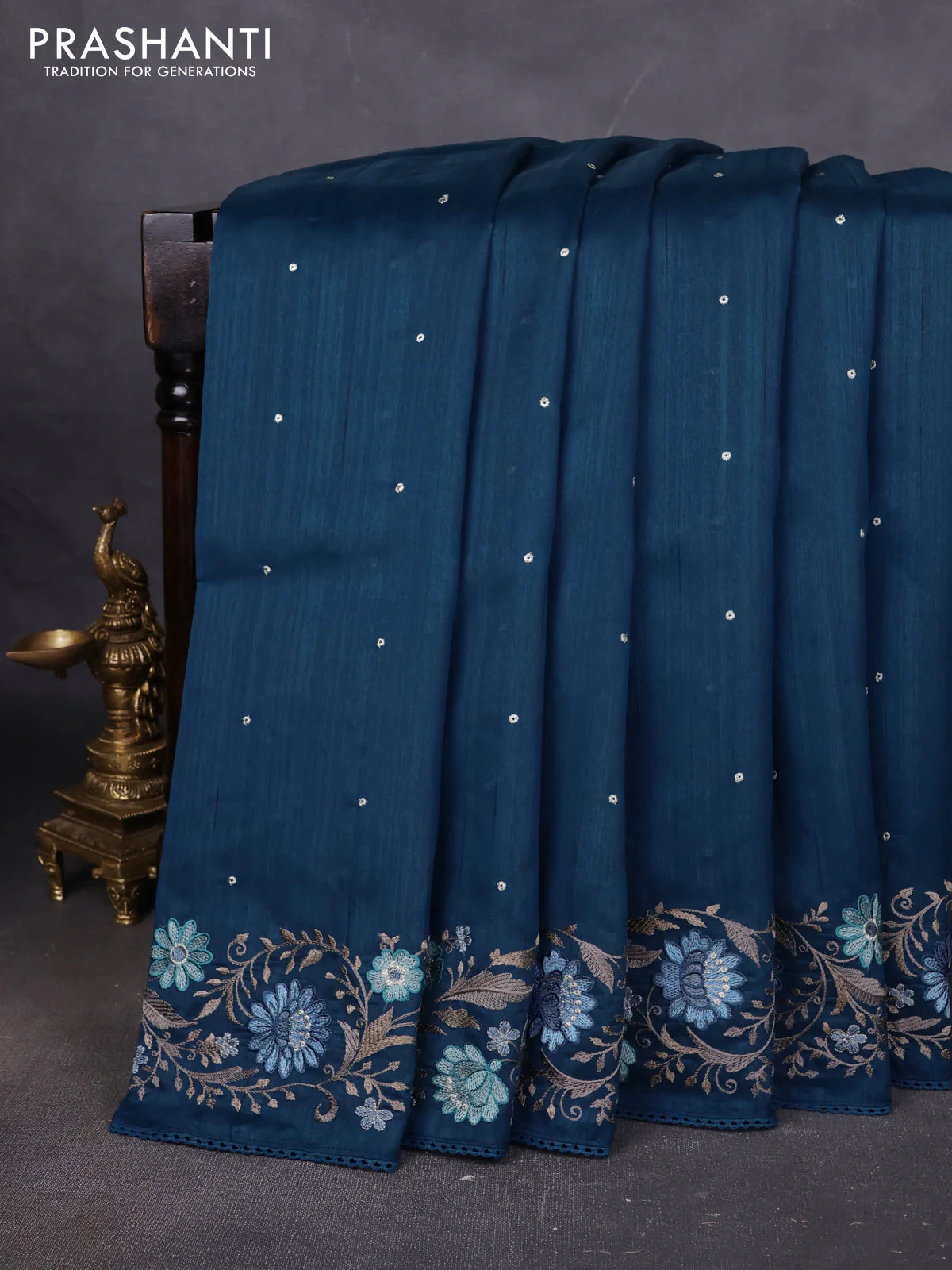 Art tussar saree peacock blue with embroidery work and floral embroidery border