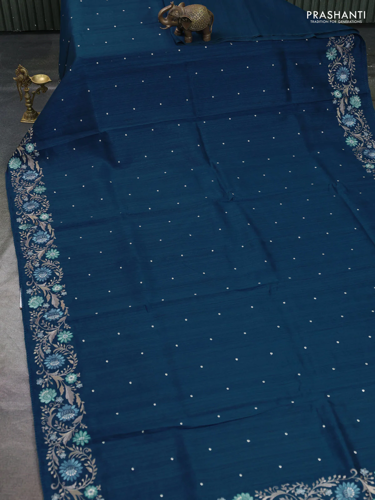 Art tussar saree peacock blue with embroidery work and floral embroidery border - Image 2