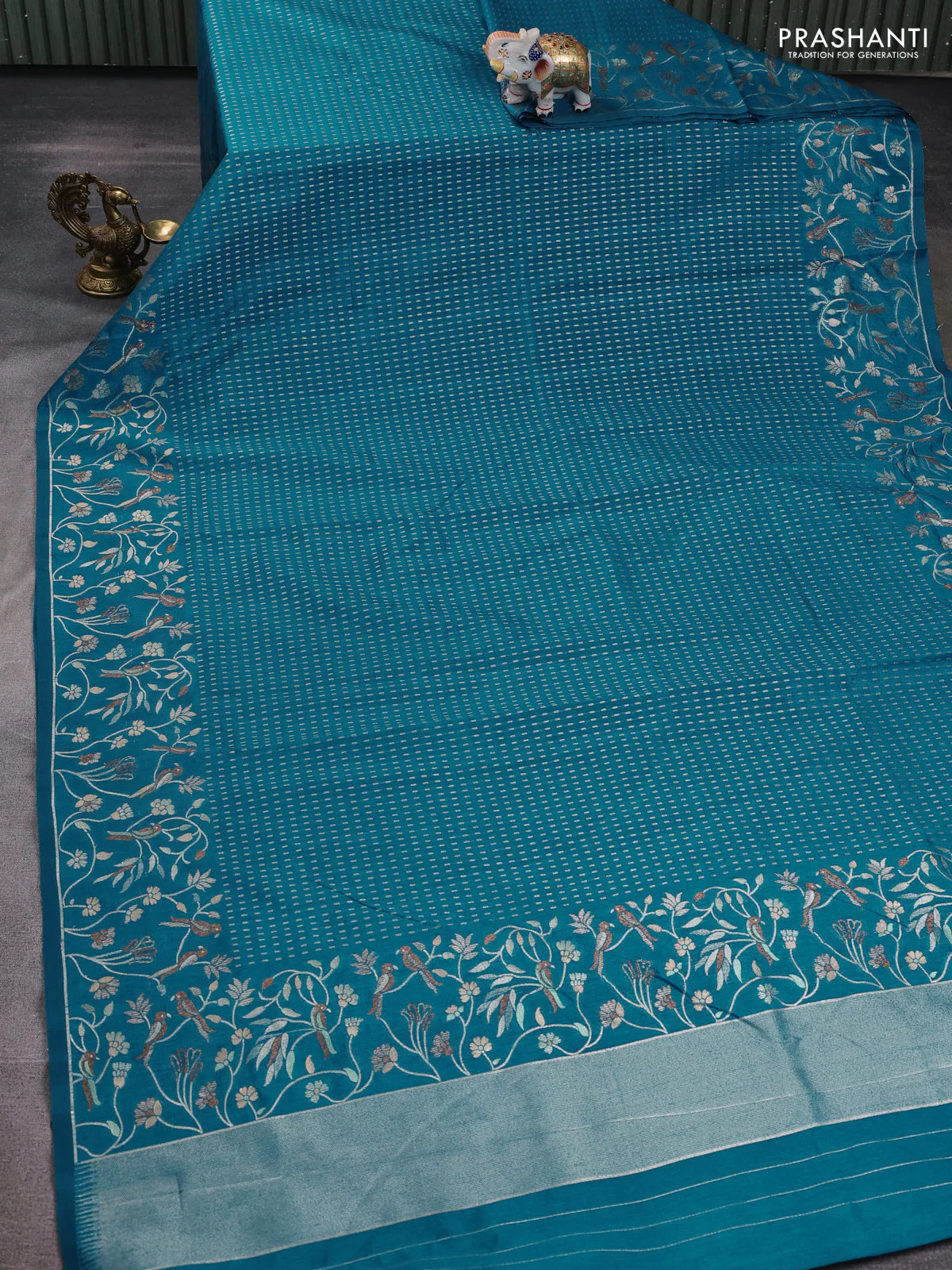 Art tussar saree peacock green with allover zari woven butta weaves and jamdhani style border - Image 2