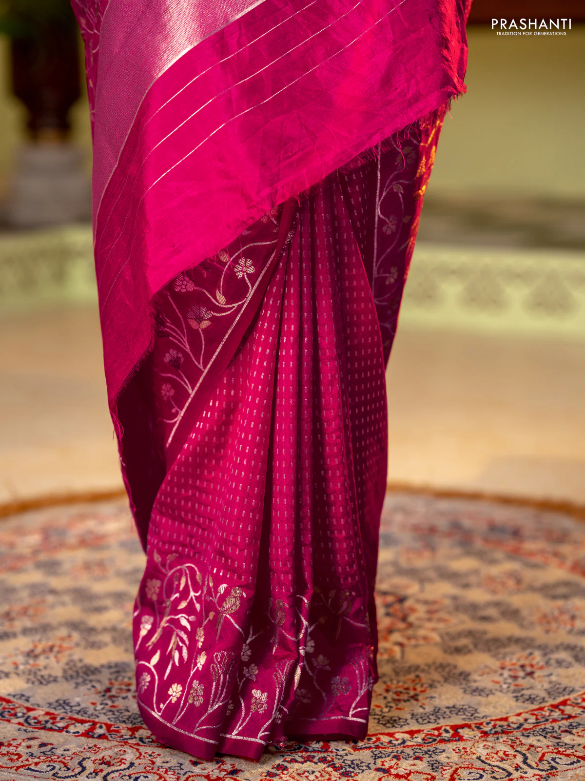 Art tussar saree pink with allover zari woven butta weaves and jamdhani style border - Image 2