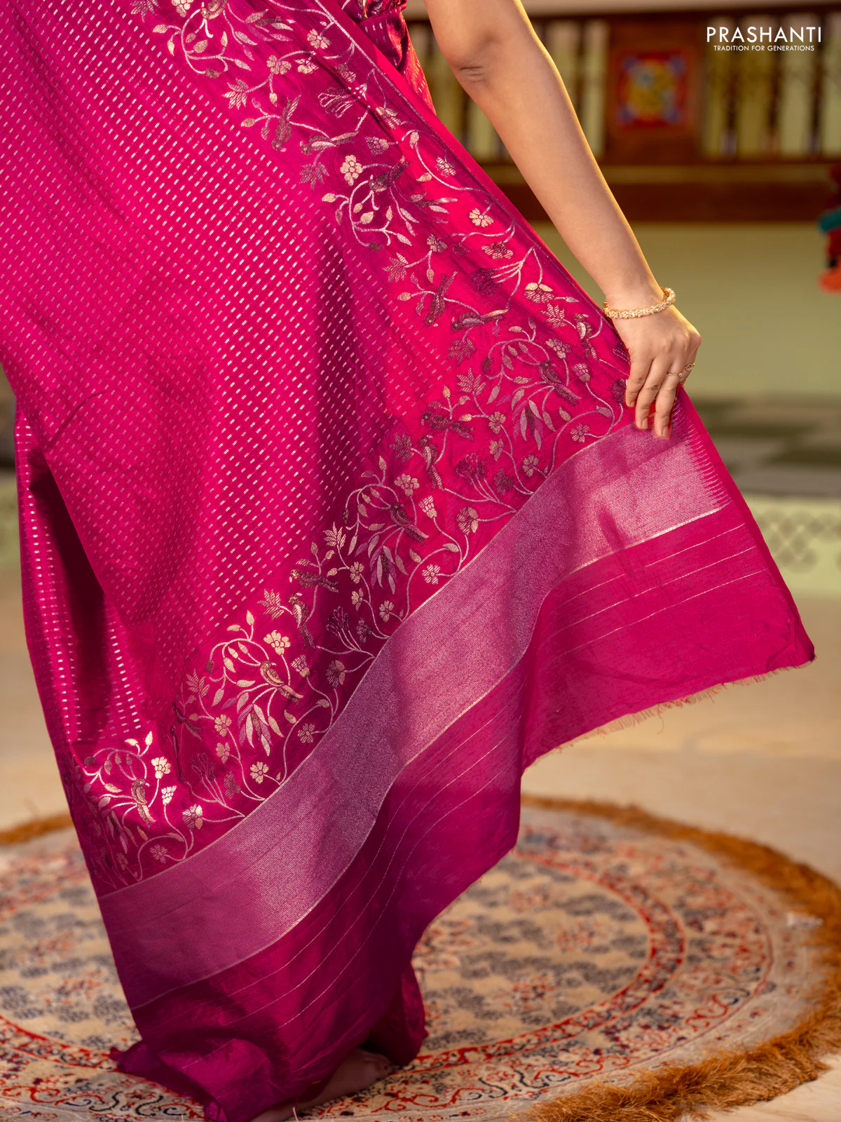 Art tussar saree pink with allover zari woven butta weaves and jamdhani style border - Image 3