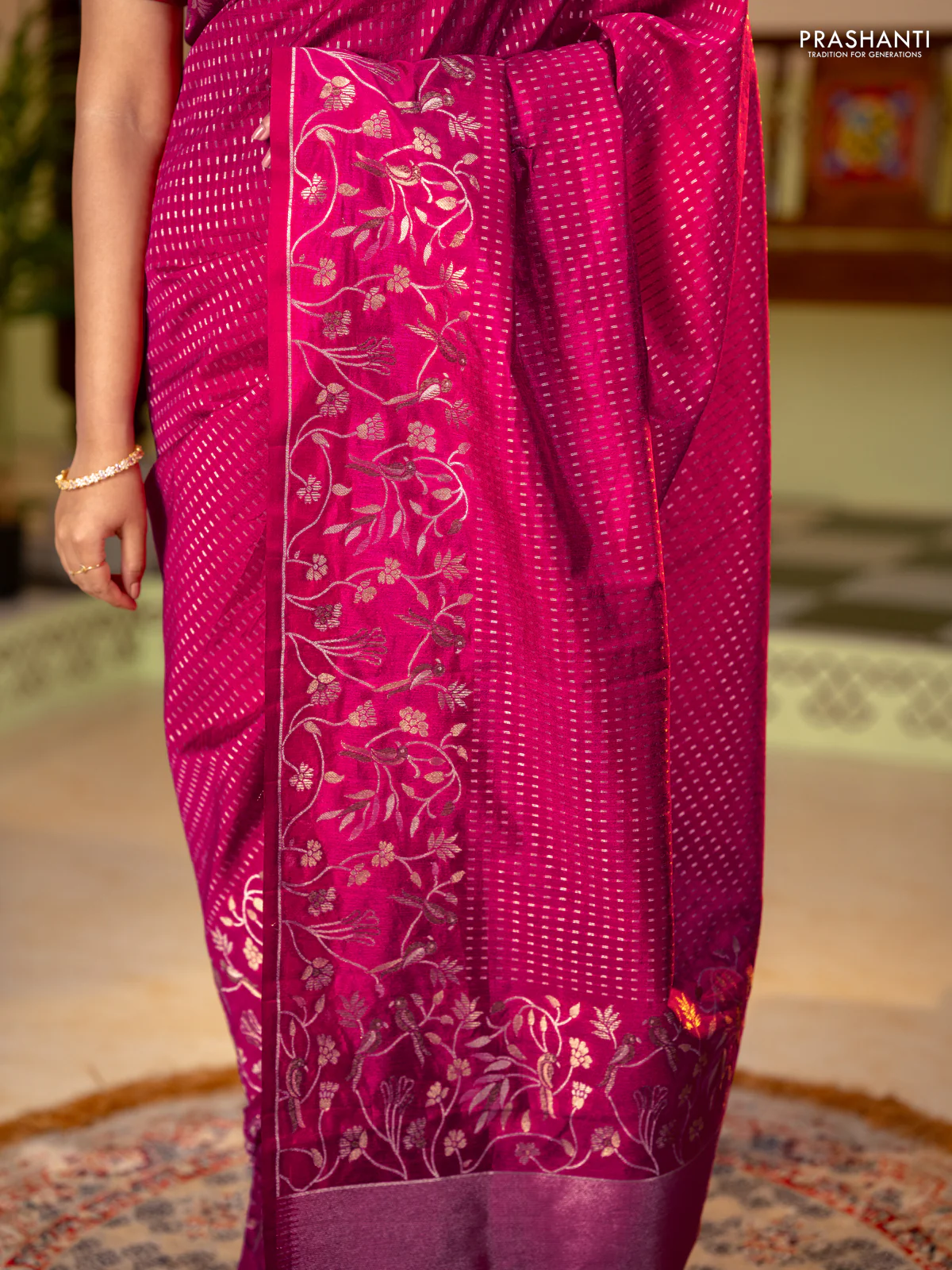 Art tussar saree pink with allover zari woven butta weaves and jamdhani style border - Image 4