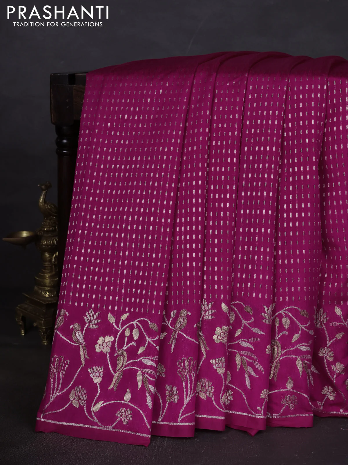 Art tussar saree pink with allover zari woven butta weaves and jamdhani style border - Image 5