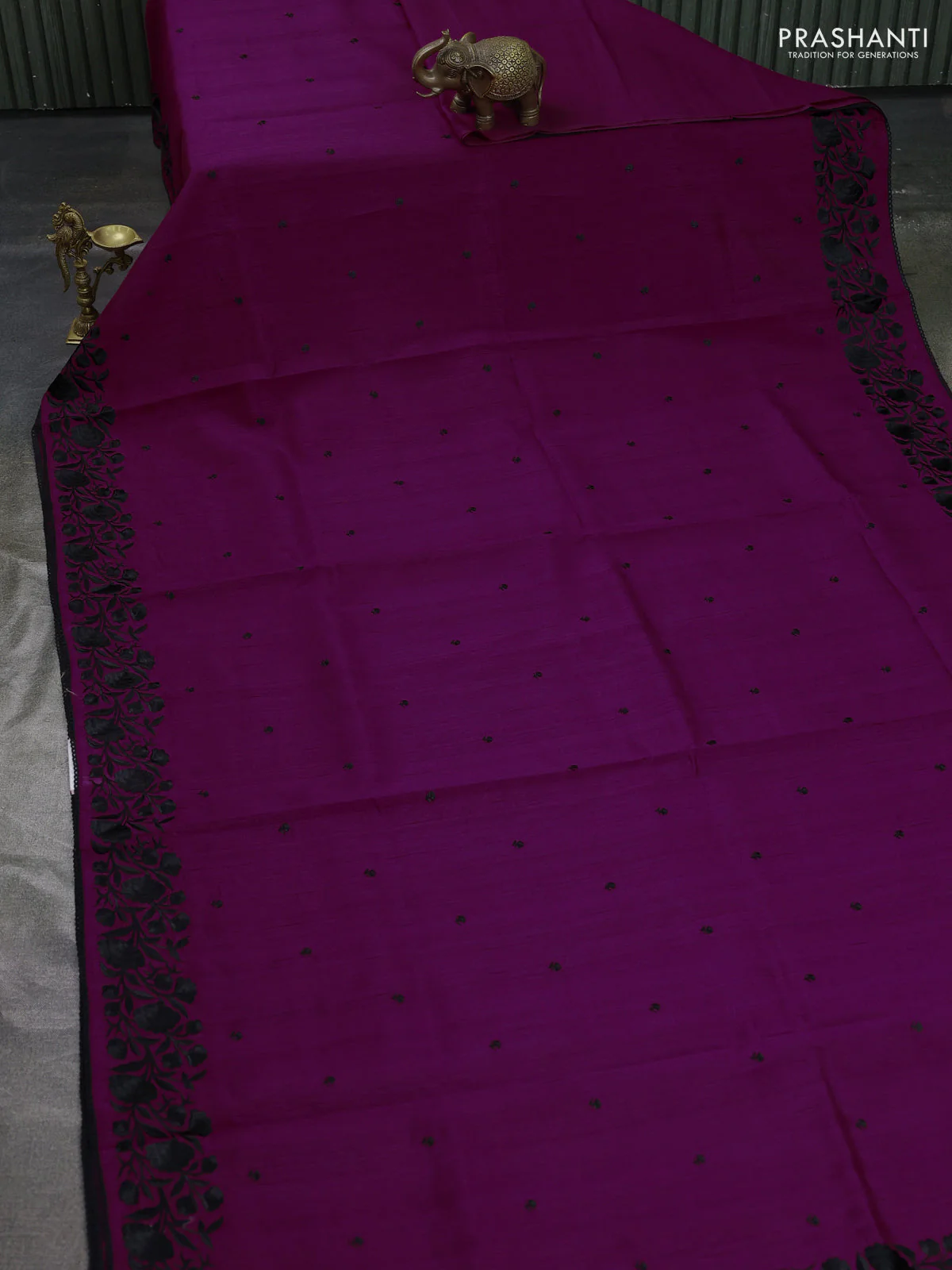 Art tussar saree purple and black with embroidery work and floral embroidery border - Image 2