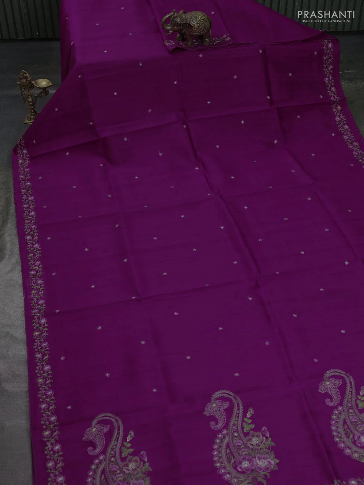 Art tussar saree purple with embroidery work and floral embroidery border - Image 2