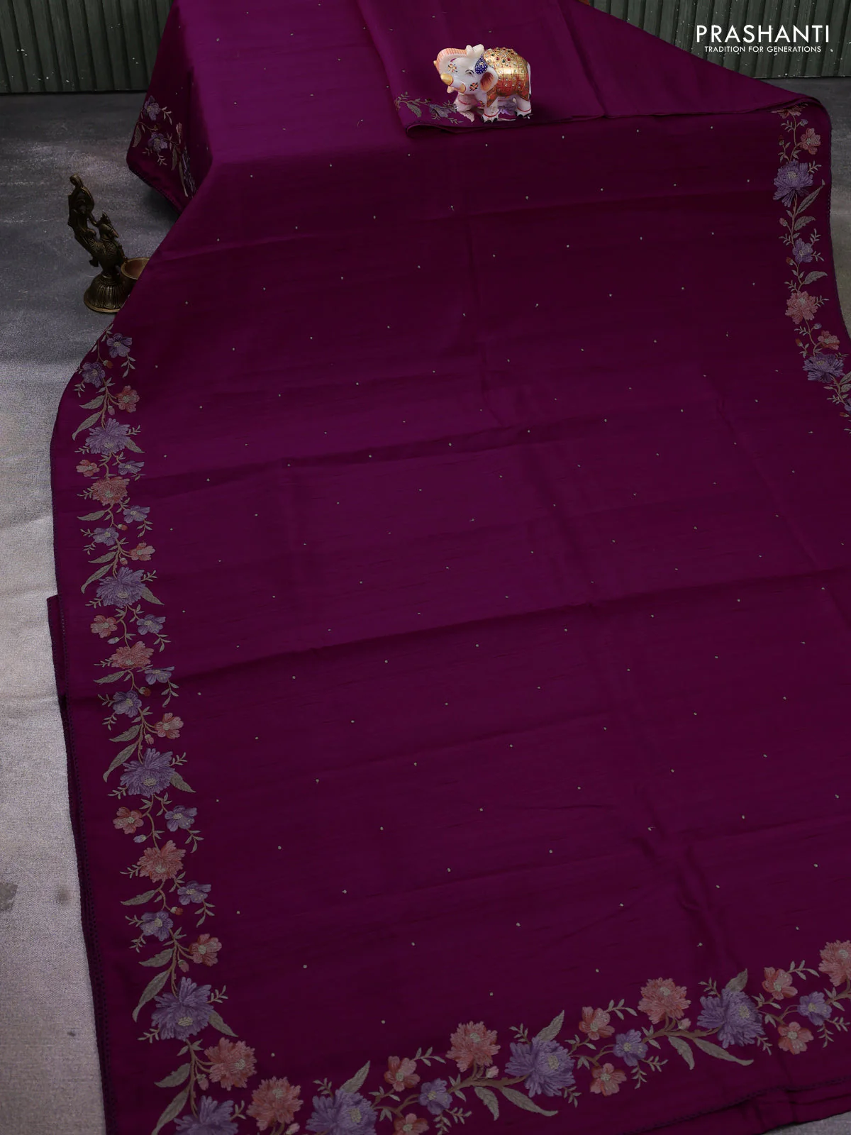 Art tussar saree purple with embroidery work and floral embroidery border - Image 2