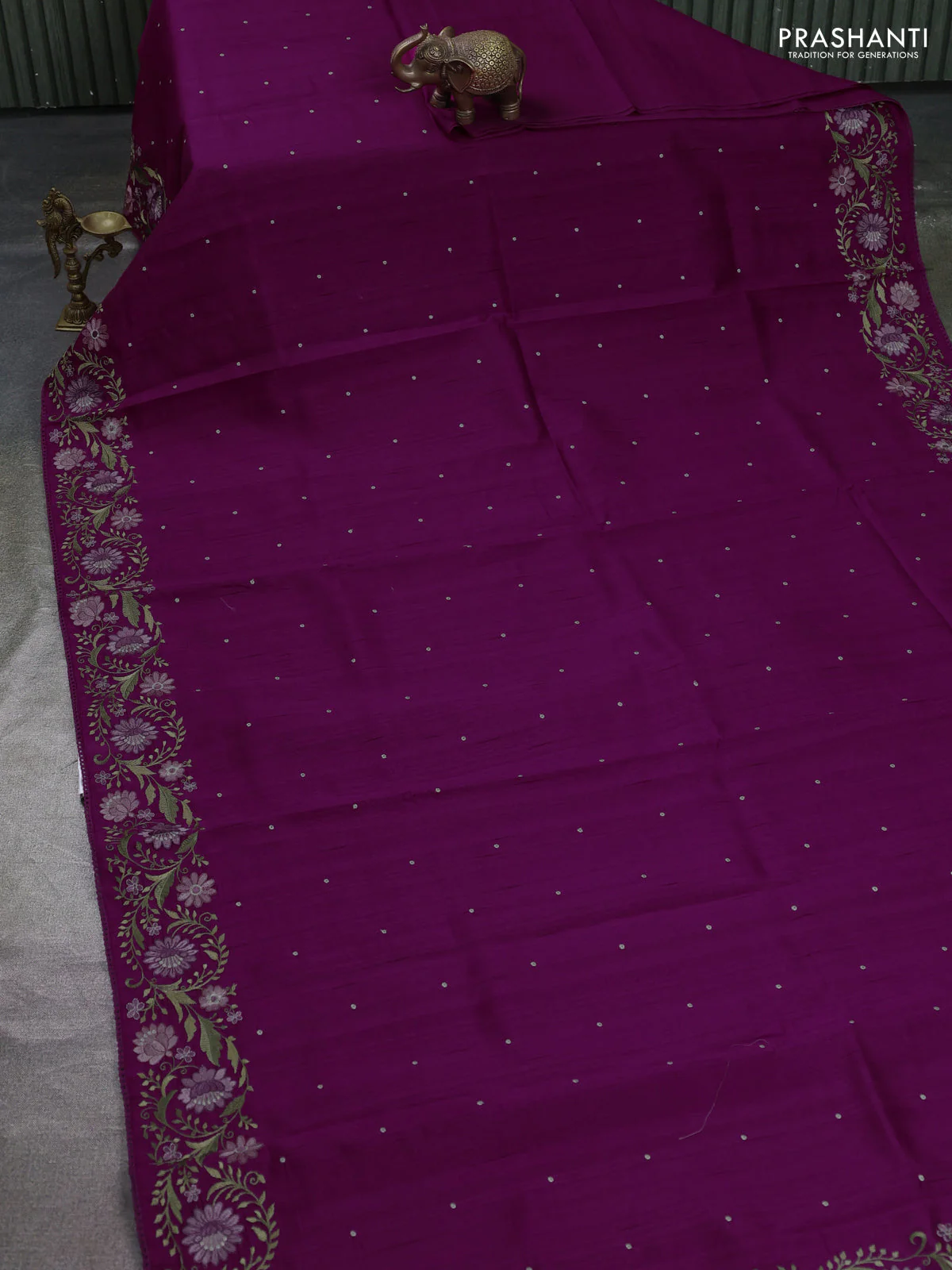 Art tussar saree purple with embroidery work and floral embroidery border - Image 2