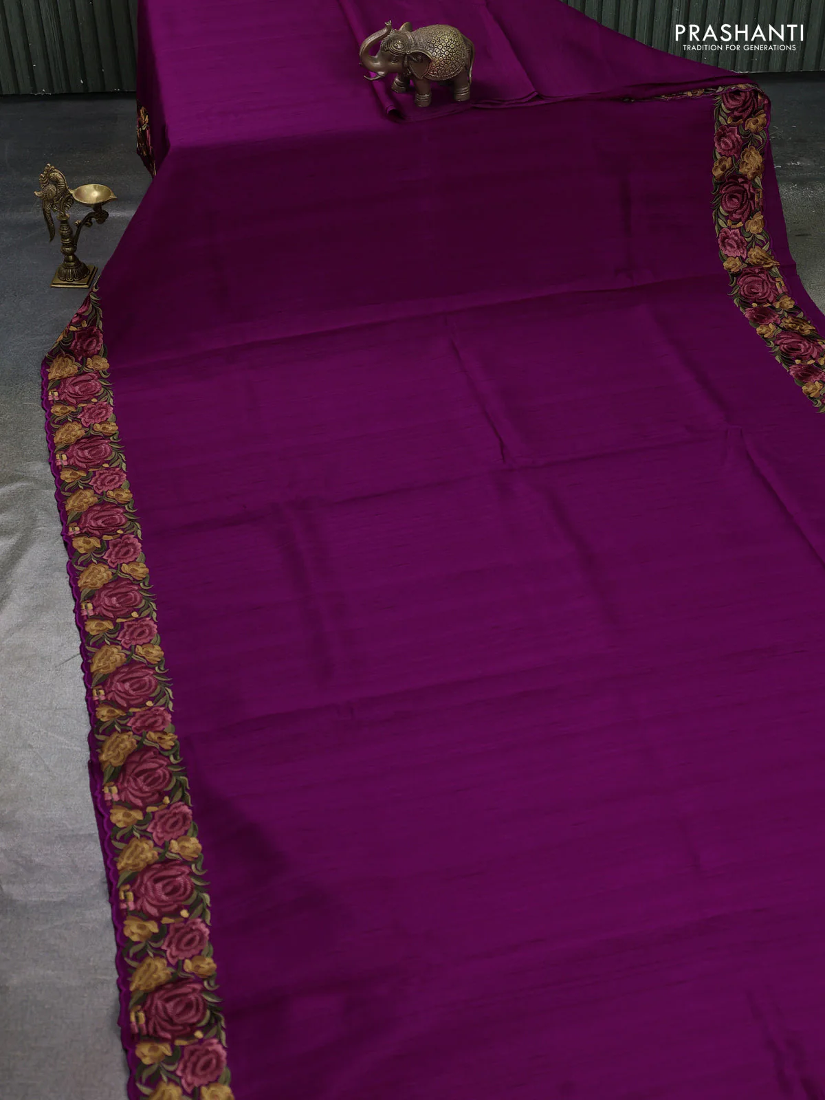Art tussar saree purple with plain body and floral embroidery border - Image 2