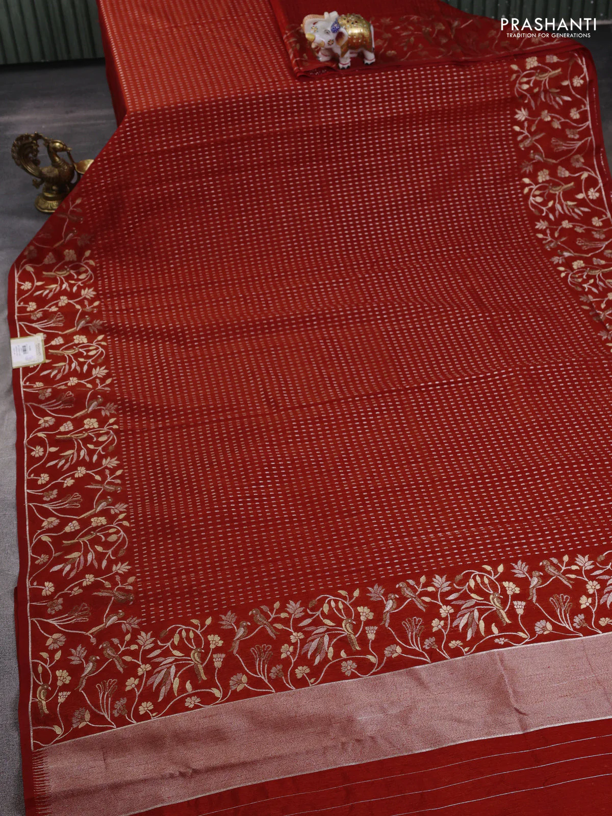 Art tussar saree rustic orange with allover zari woven butta weaves and jamdhani style border - Image 2