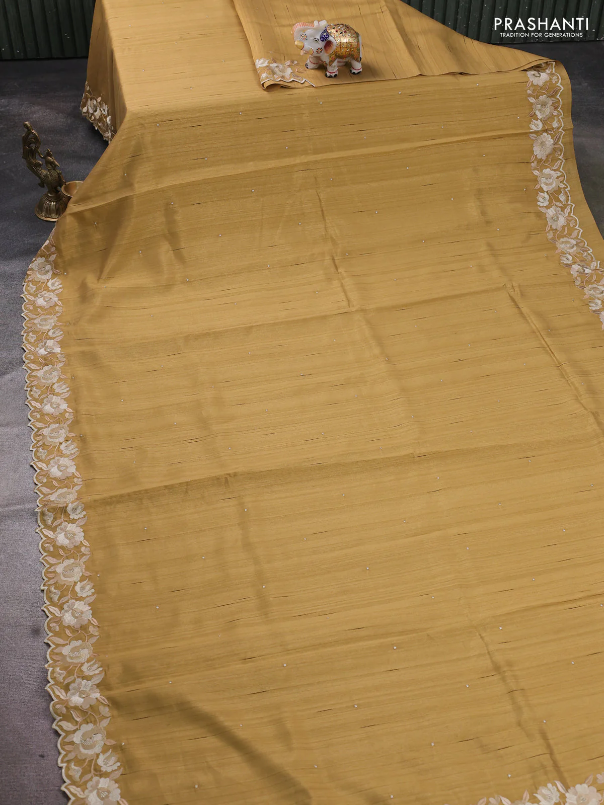 Art tussar saree sandal with embroidery work and floral embroidery border - Image 2