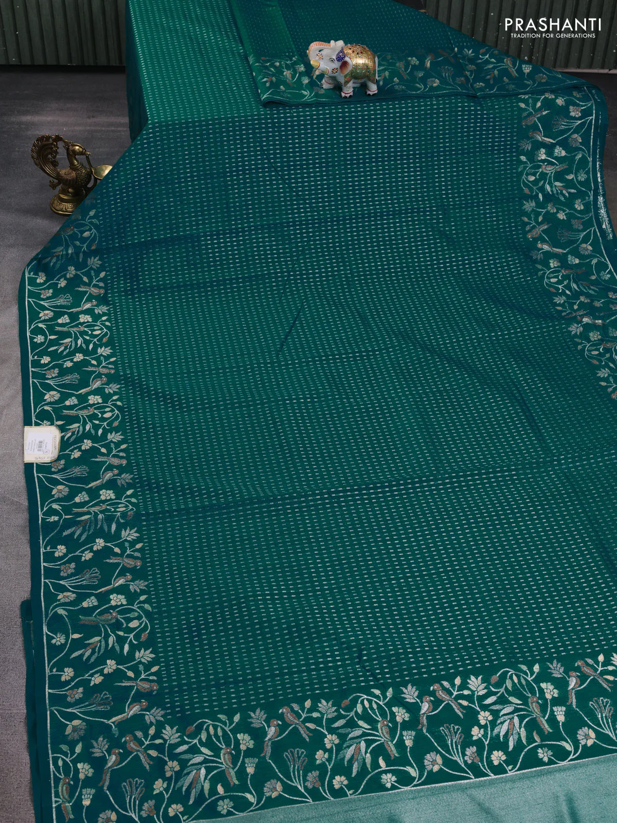 Art tussar saree teal green with allover zari woven butta weaves and jamdhani style border - Image 2
