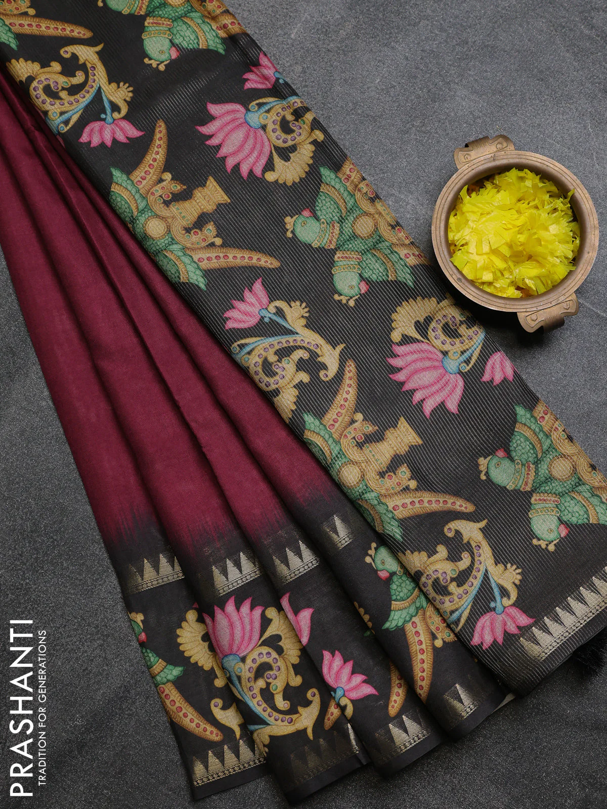 Art tussar saree wine shade and black with plain body and tanjore printed border
